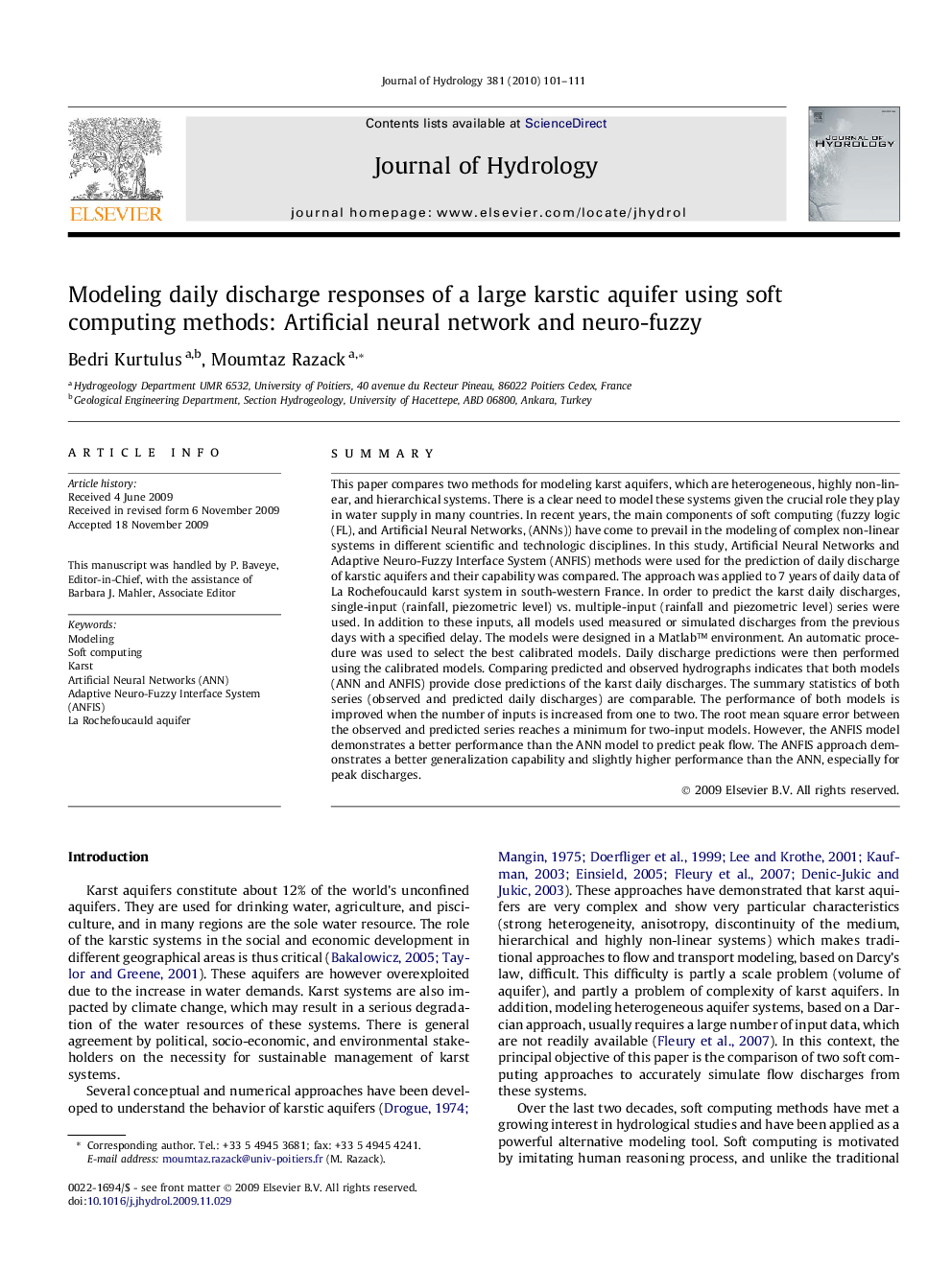 Modeling daily discharge responses of a large karstic aquifer using soft computing methods: Artificial neural network and neuro-fuzzy