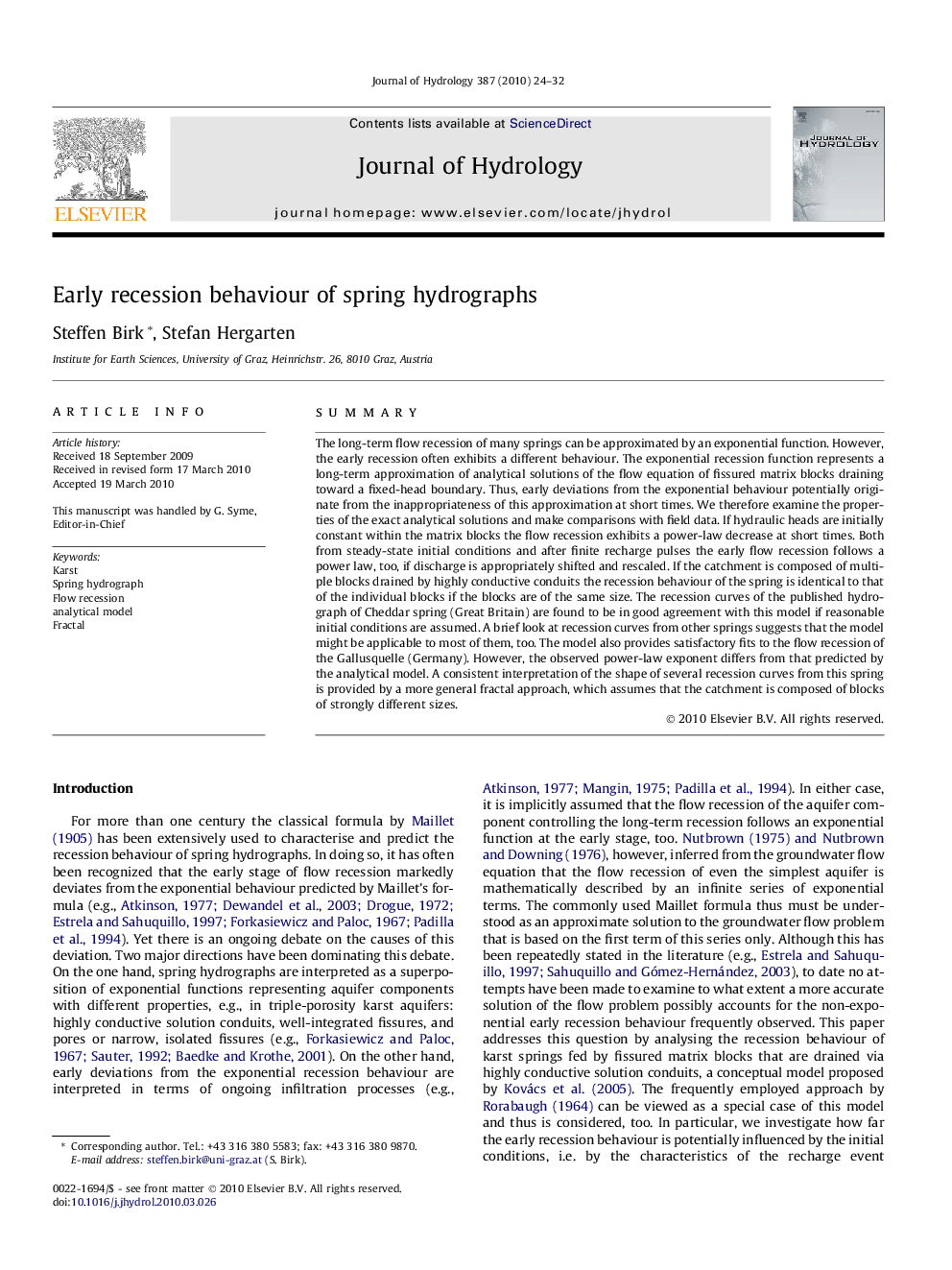 Early recession behaviour of spring hydrographs