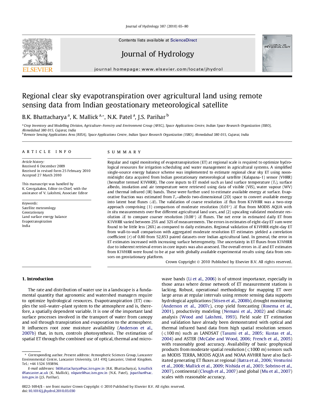 Regional clear sky evapotranspiration over agricultural land using remote sensing data from Indian geostationary meteorological satellite