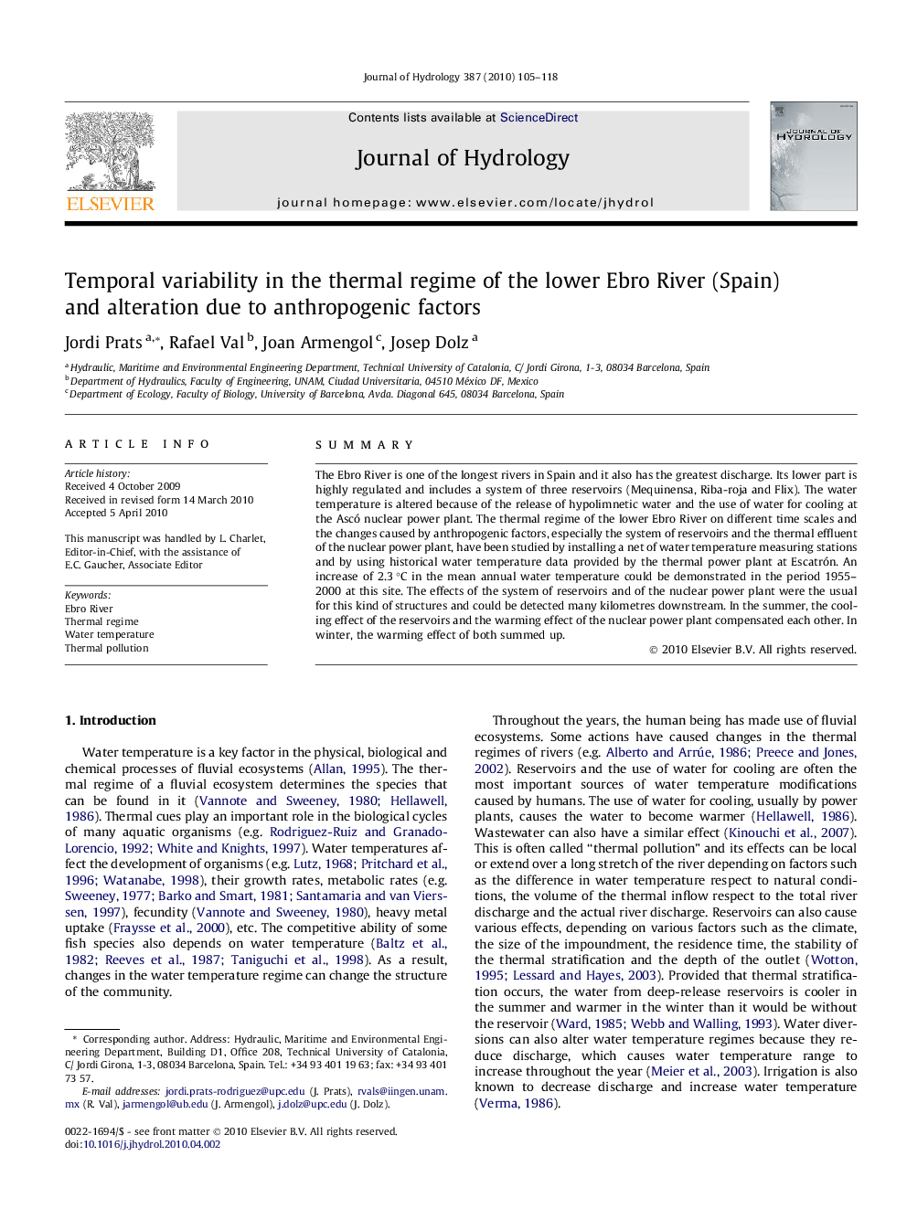 Temporal variability in the thermal regime of the lower Ebro River (Spain) and alteration due to anthropogenic factors