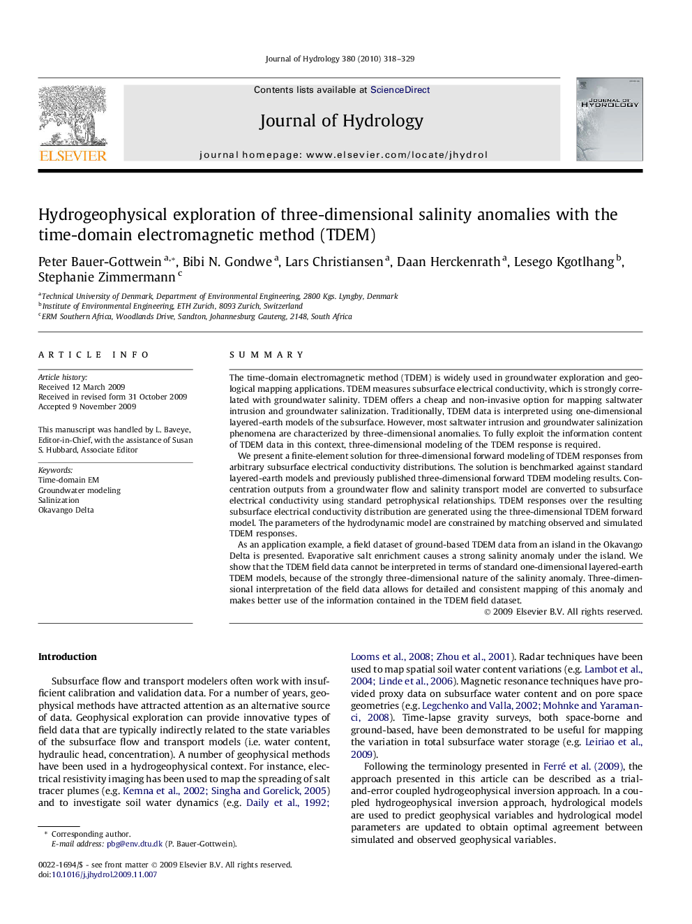 عکس صفحه اول مقاله: Hydrogeophysical exploration of three-dimensional salinity anomalies with the time-domain electromagnetic method (TDEM) Hydrogeophysical exploration of three-dimensional salinity anomalies with the time-domain electromagnetic method (TDEM)