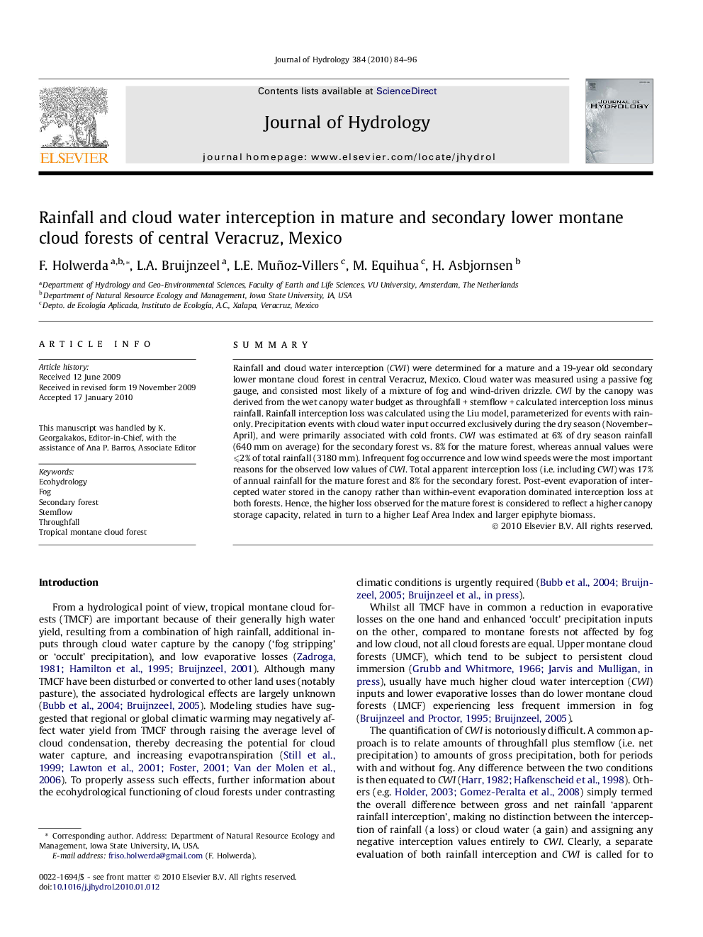 Rainfall and cloud water interception in mature and secondary lower montane cloud forests of central Veracruz, Mexico