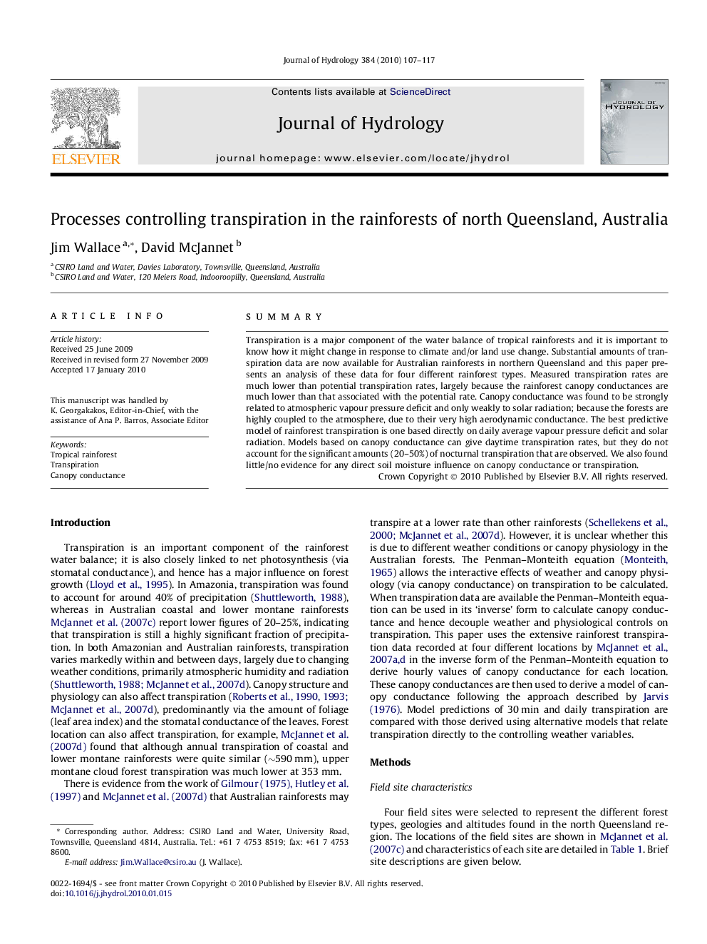 Processes controlling transpiration in the rainforests of north Queensland, Australia