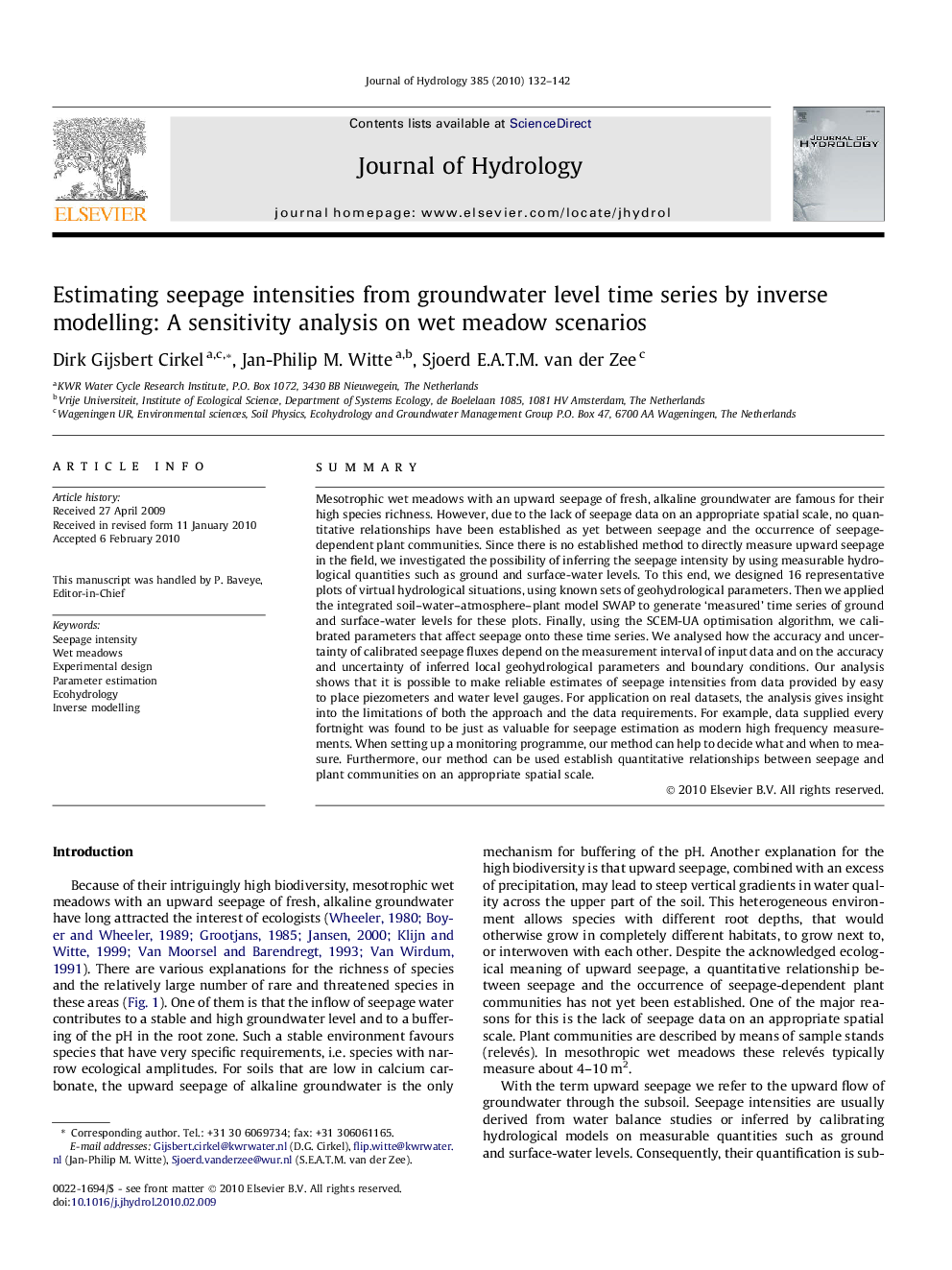 Estimating seepage intensities from groundwater level time series by inverse modelling: A sensitivity analysis on wet meadow scenarios