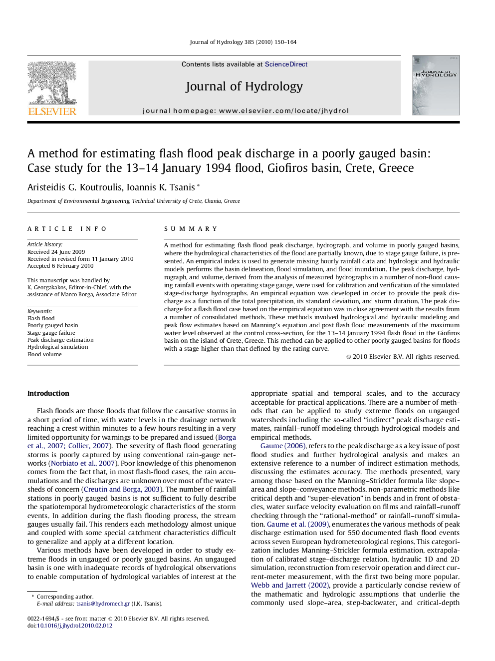 A method for estimating flash flood peak discharge in a poorly gauged basin: Case study for the 13–14 January 1994 flood, Giofiros basin, Crete, Greece