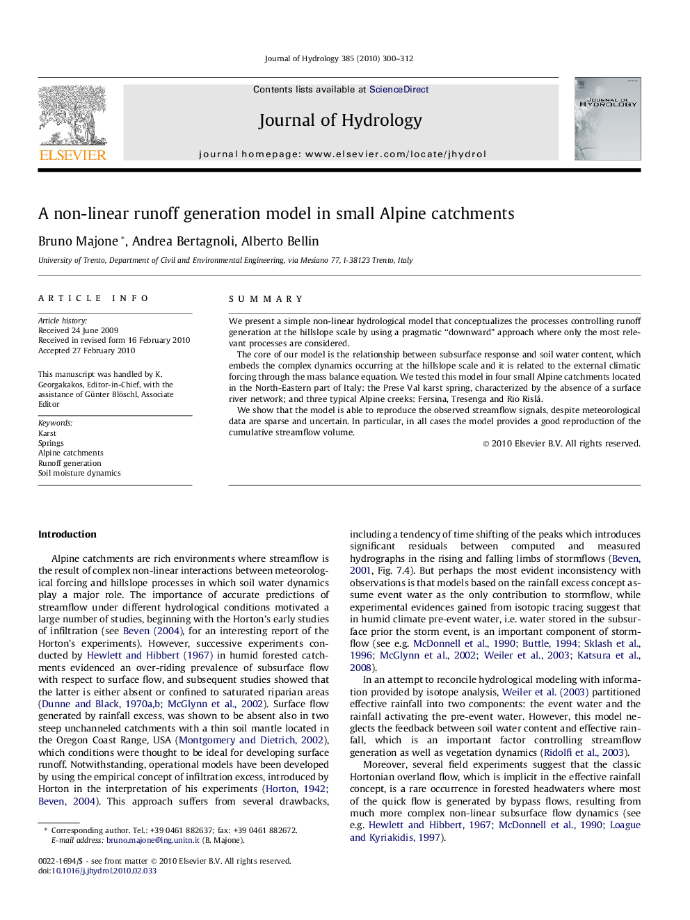 A non-linear runoff generation model in small Alpine catchments