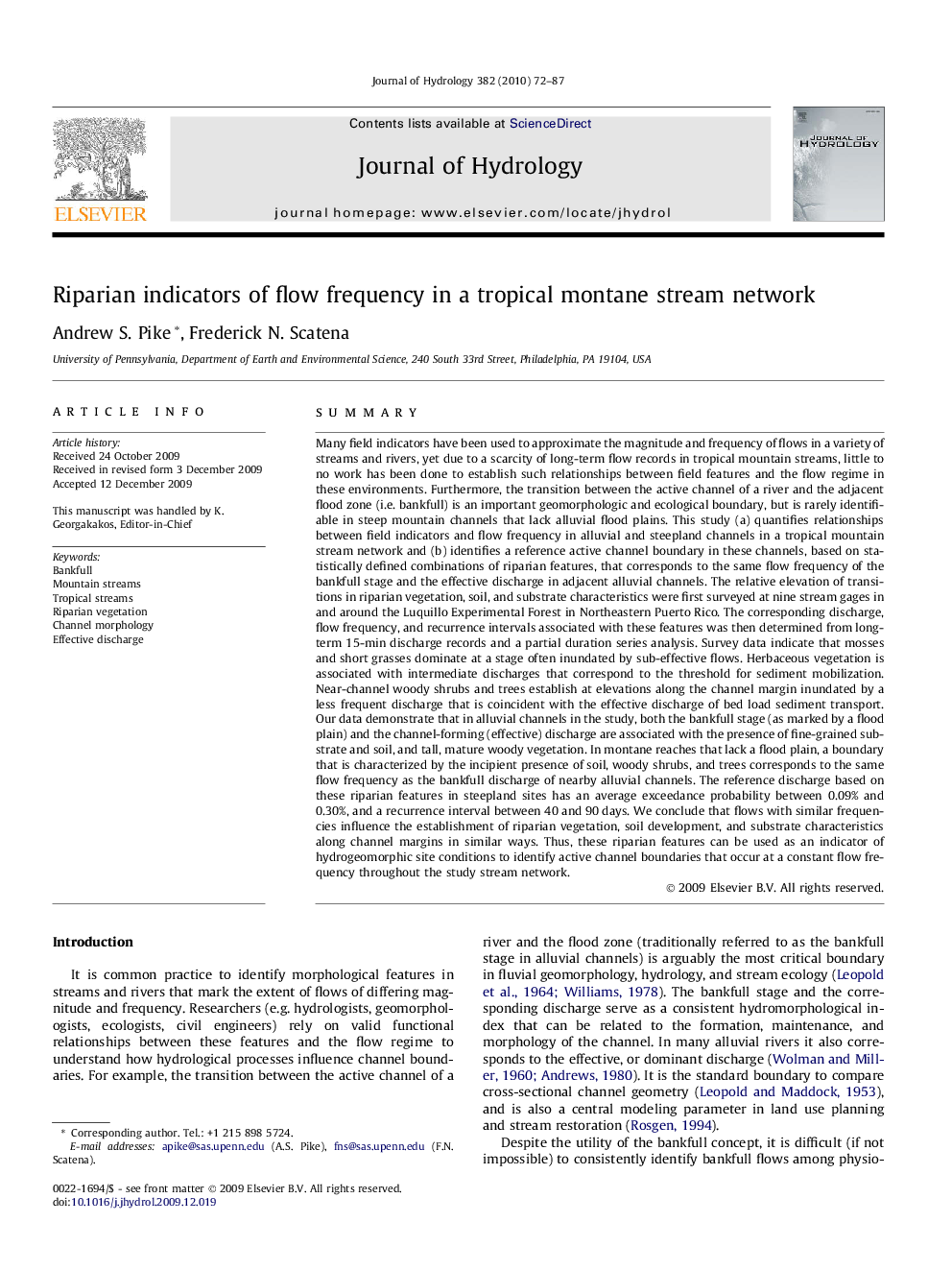 Riparian indicators of flow frequency in a tropical montane stream network