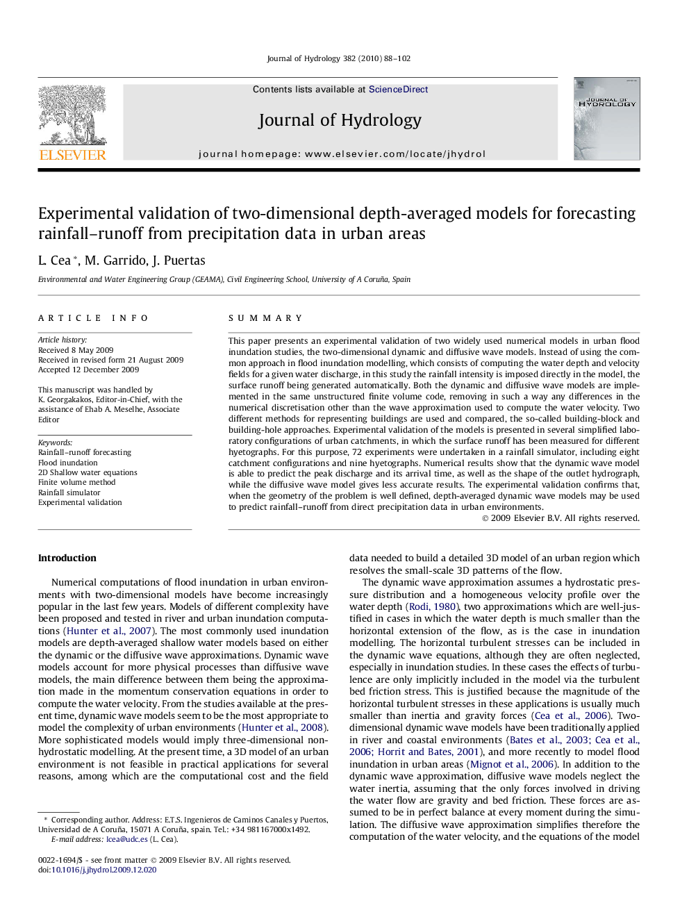 Experimental validation of two-dimensional depth-averaged models for forecasting rainfall–runoff from precipitation data in urban areas