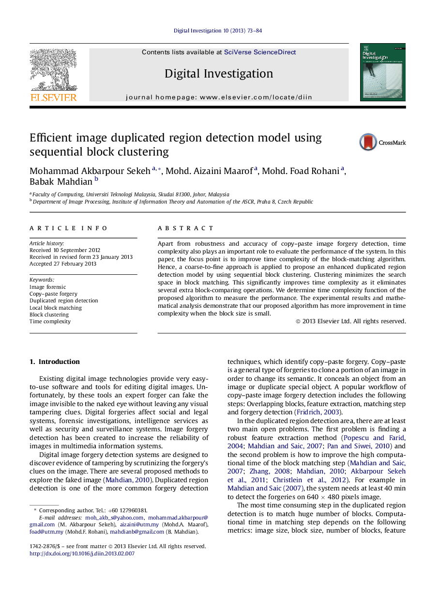 Efficient image duplicated region detection model using sequential block clustering