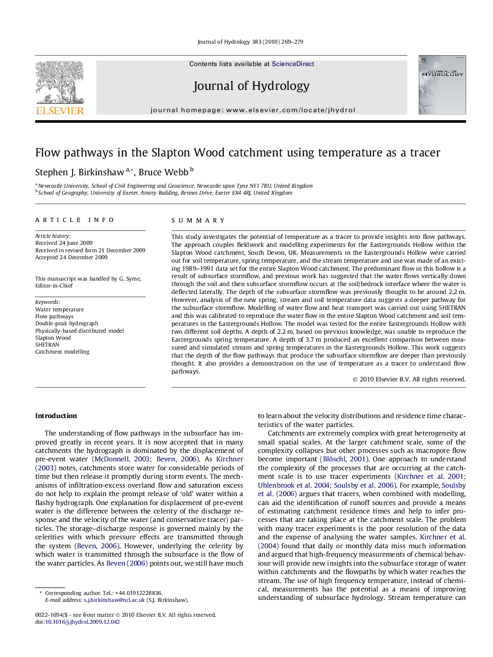 Flow pathways in the Slapton Wood catchment using temperature as a tracer