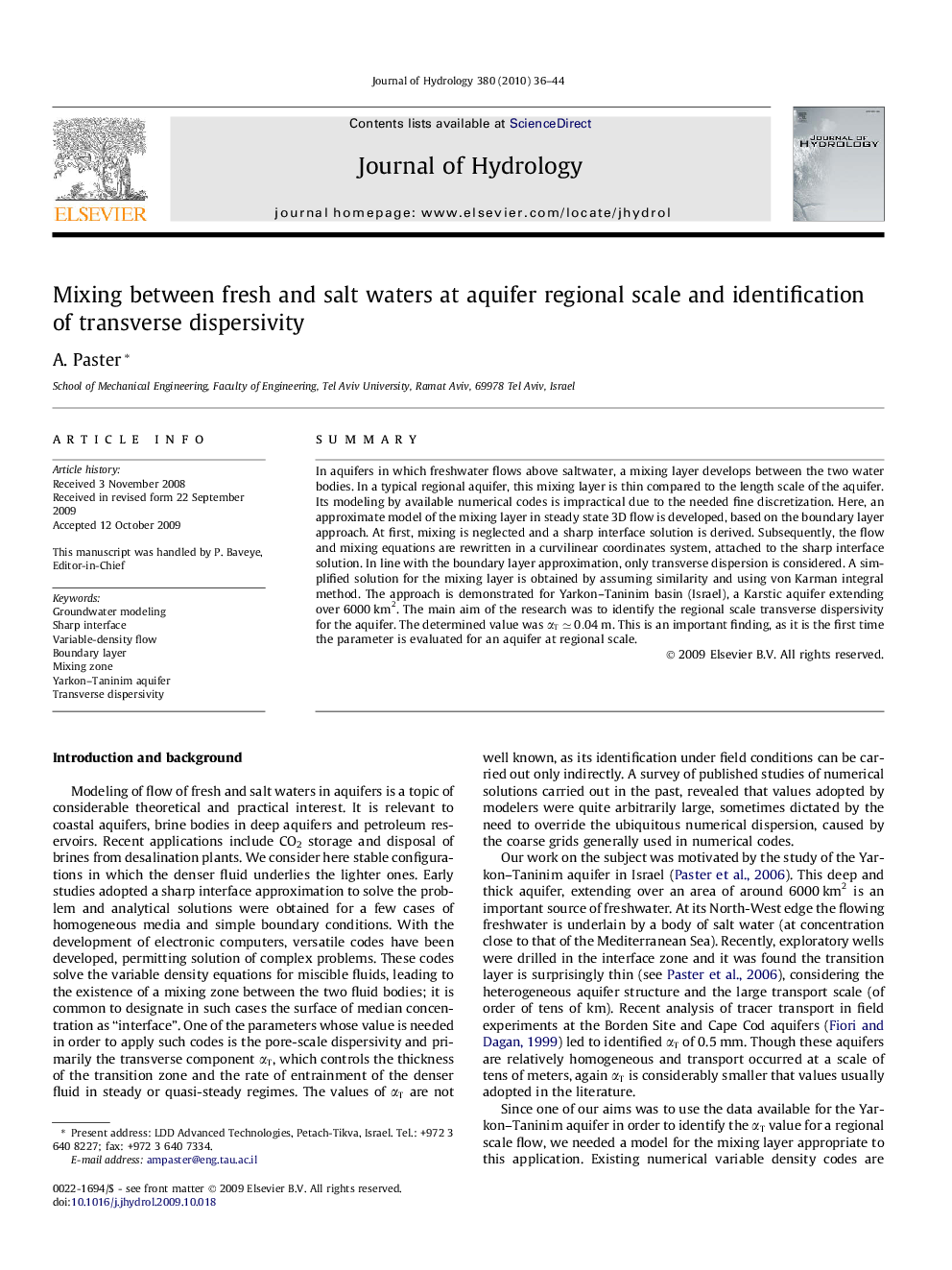 Mixing between fresh and salt waters at aquifer regional scale and identification of transverse dispersivity