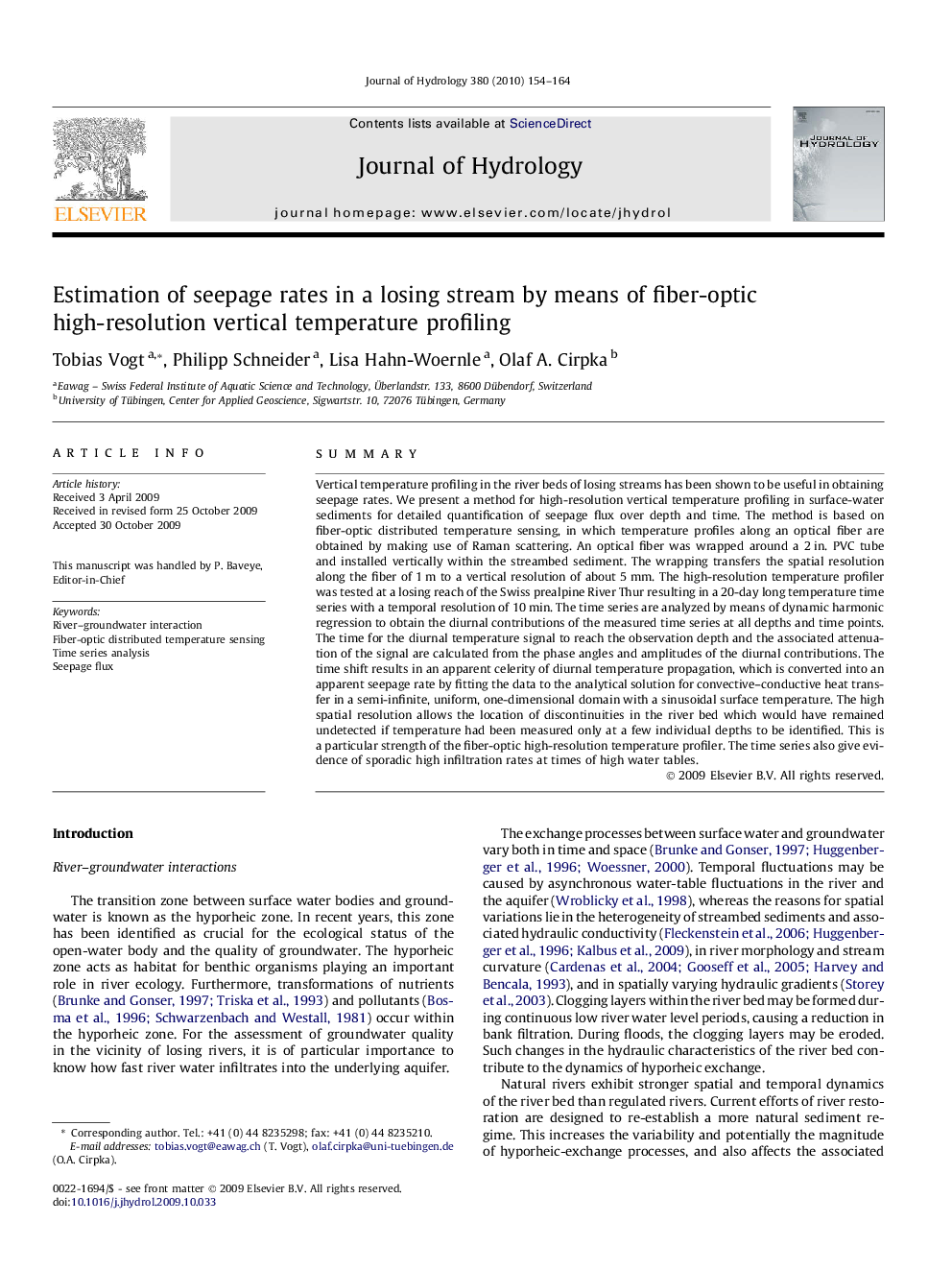 Estimation of seepage rates in a losing stream by means of fiber-optic high-resolution vertical temperature profiling