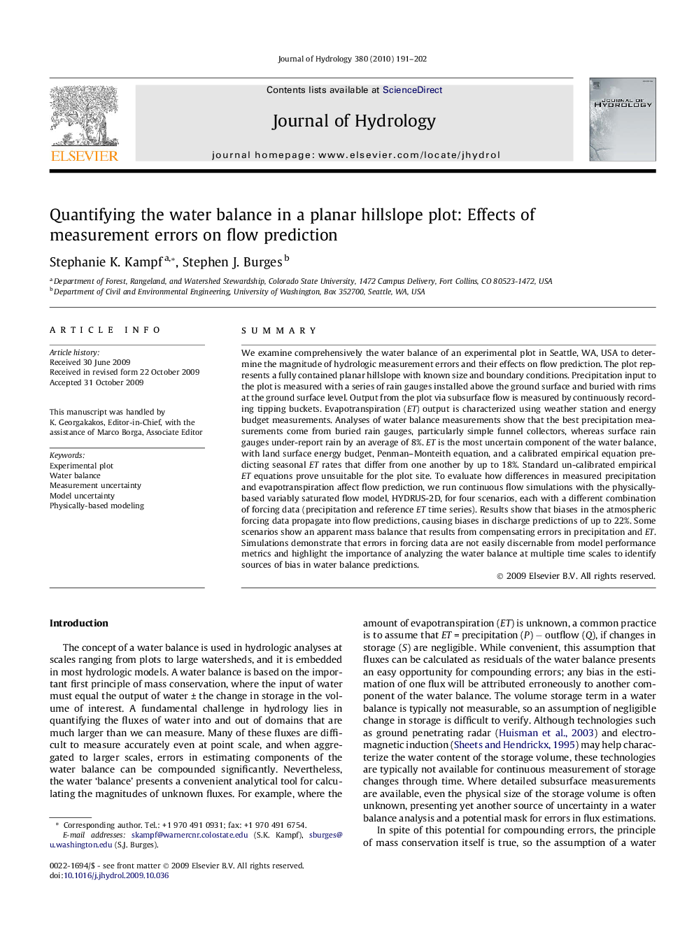 عکس صفحه اول مقاله: Quantifying the water balance in a planar hillslope plot: Effects of measurement errors on flow prediction Quantifying the water balance in a planar hillslope plot: Effects of measurement errors on flow prediction
