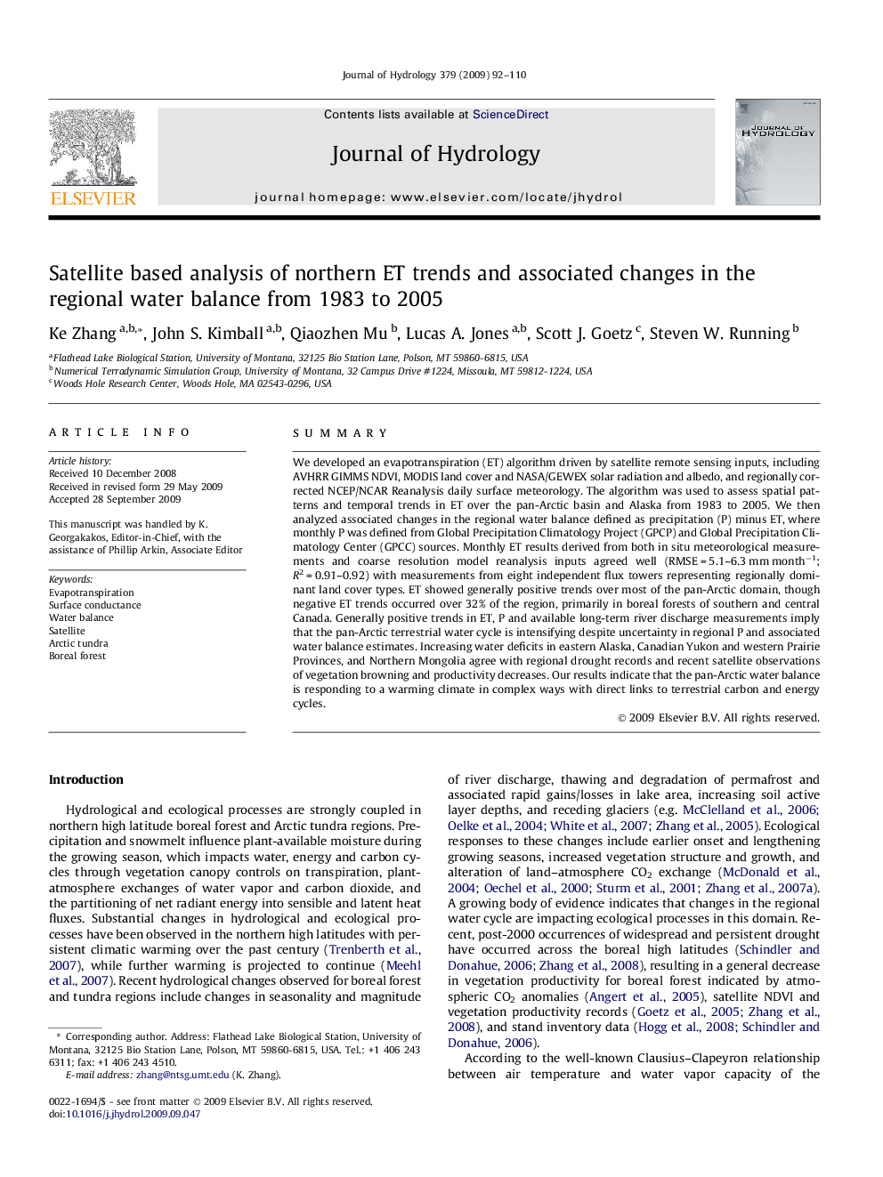 Satellite based analysis of northern ET trends and associated changes in the regional water balance from 1983 to 2005