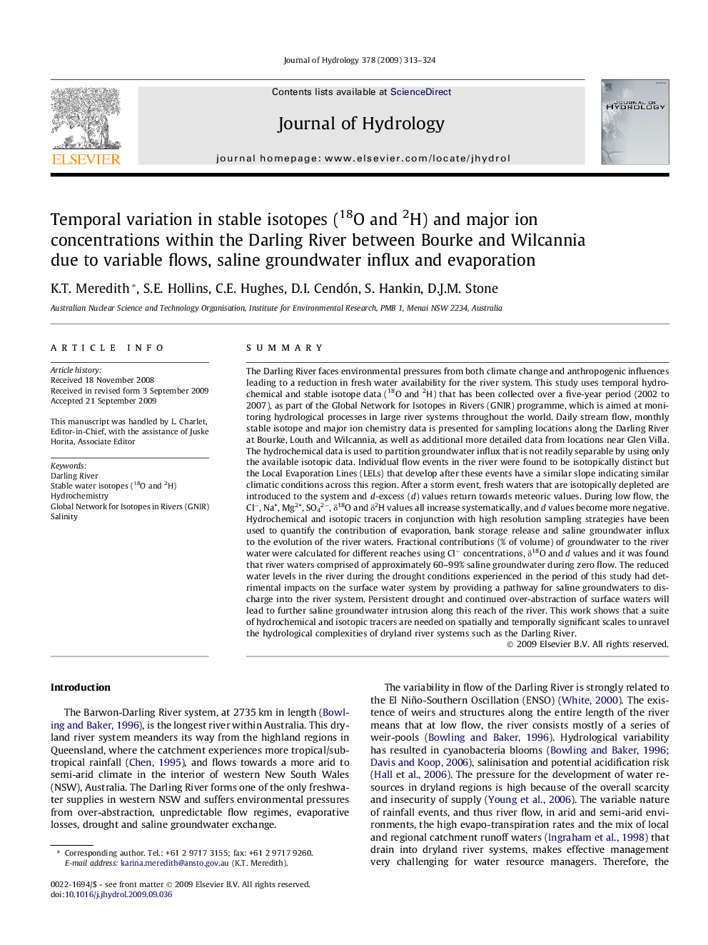 Temporal variation in stable isotopes (18O and 2H) and major ion concentrations within the Darling River between Bourke and Wilcannia due to variable flows, saline groundwater influx and evaporation