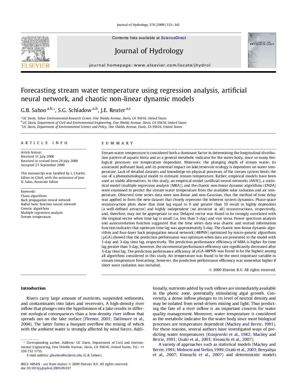 Forecasting stream water temperature using regression analysis, artificial neural network, and chaotic non-linear dynamic models