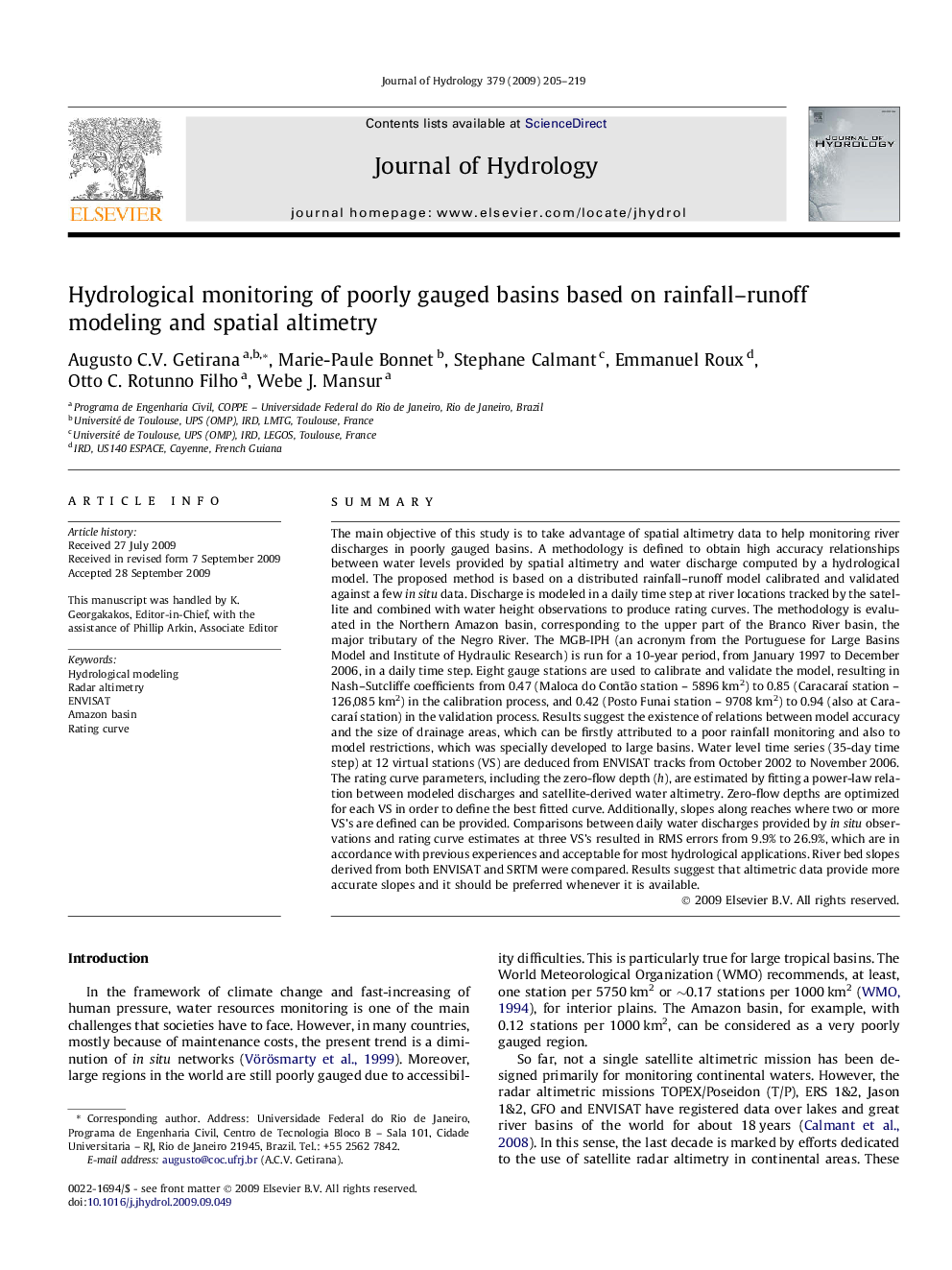 Hydrological monitoring of poorly gauged basins based on rainfall–runoff modeling and spatial altimetry