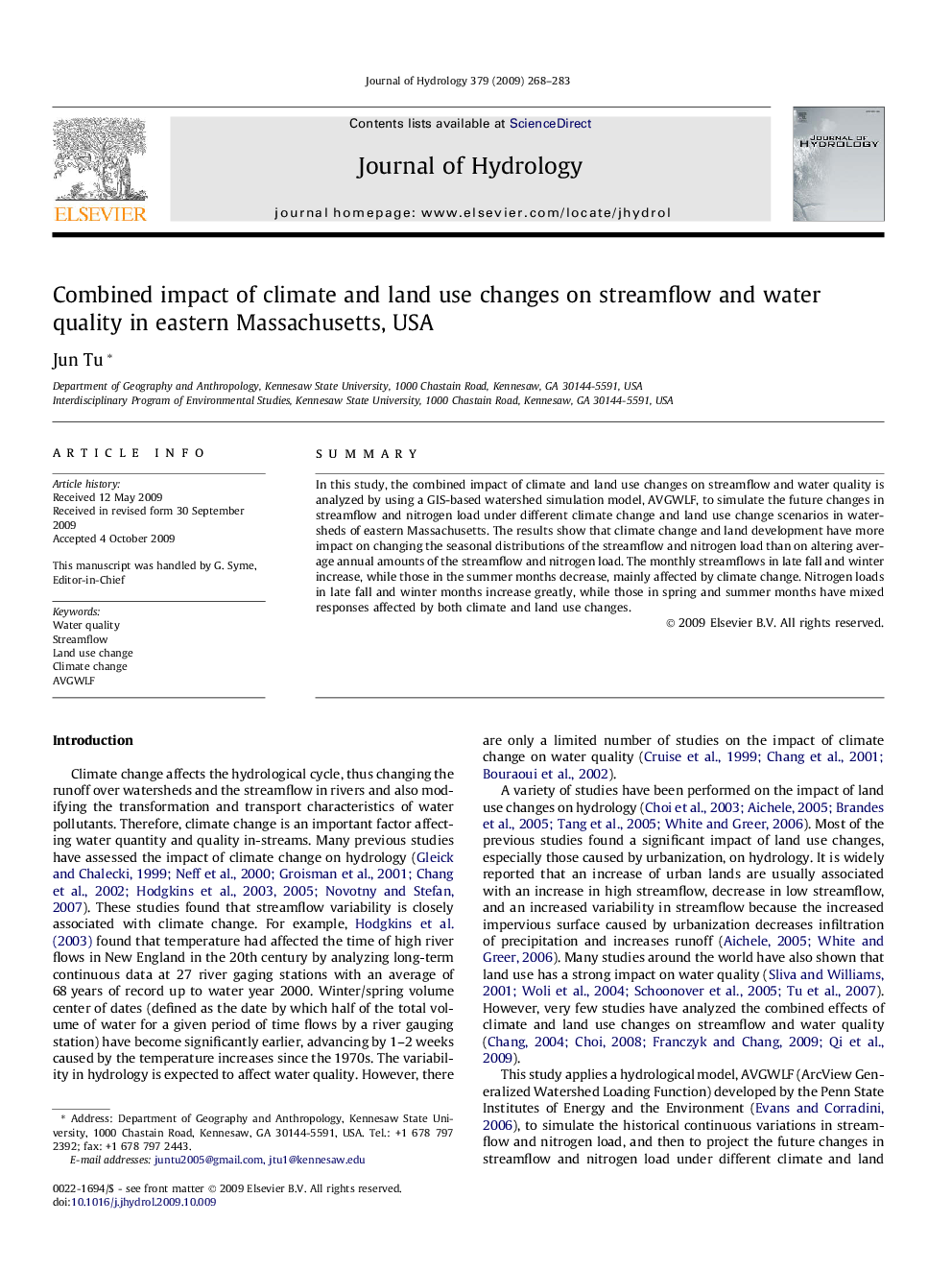 Combined impact of climate and land use changes on streamflow and water quality in eastern Massachusetts, USA