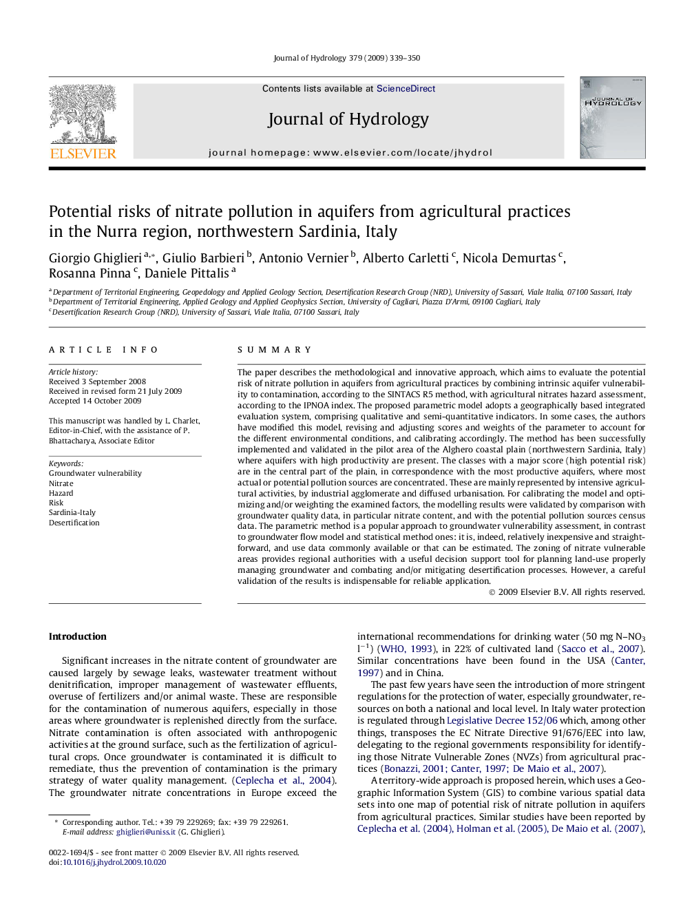 Potential risks of nitrate pollution in aquifers from agricultural practices in the Nurra region, northwestern Sardinia, Italy