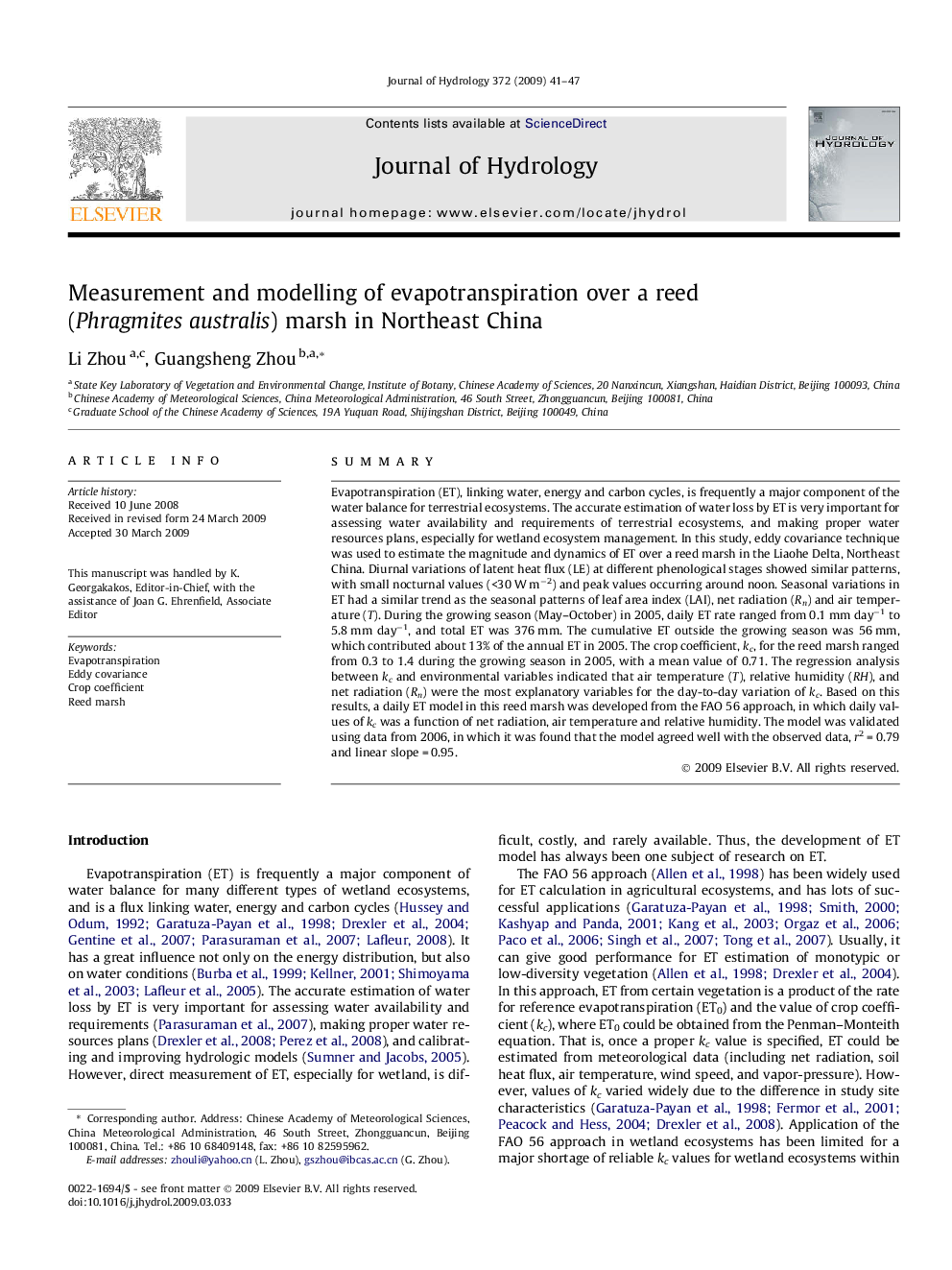 Measurement and modelling of evapotranspiration over a reed (Phragmites australis) marsh in Northeast China