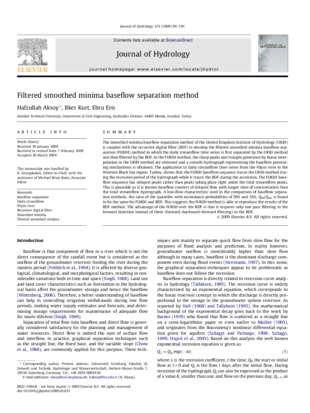 Filtered smoothed minima baseflow separation method