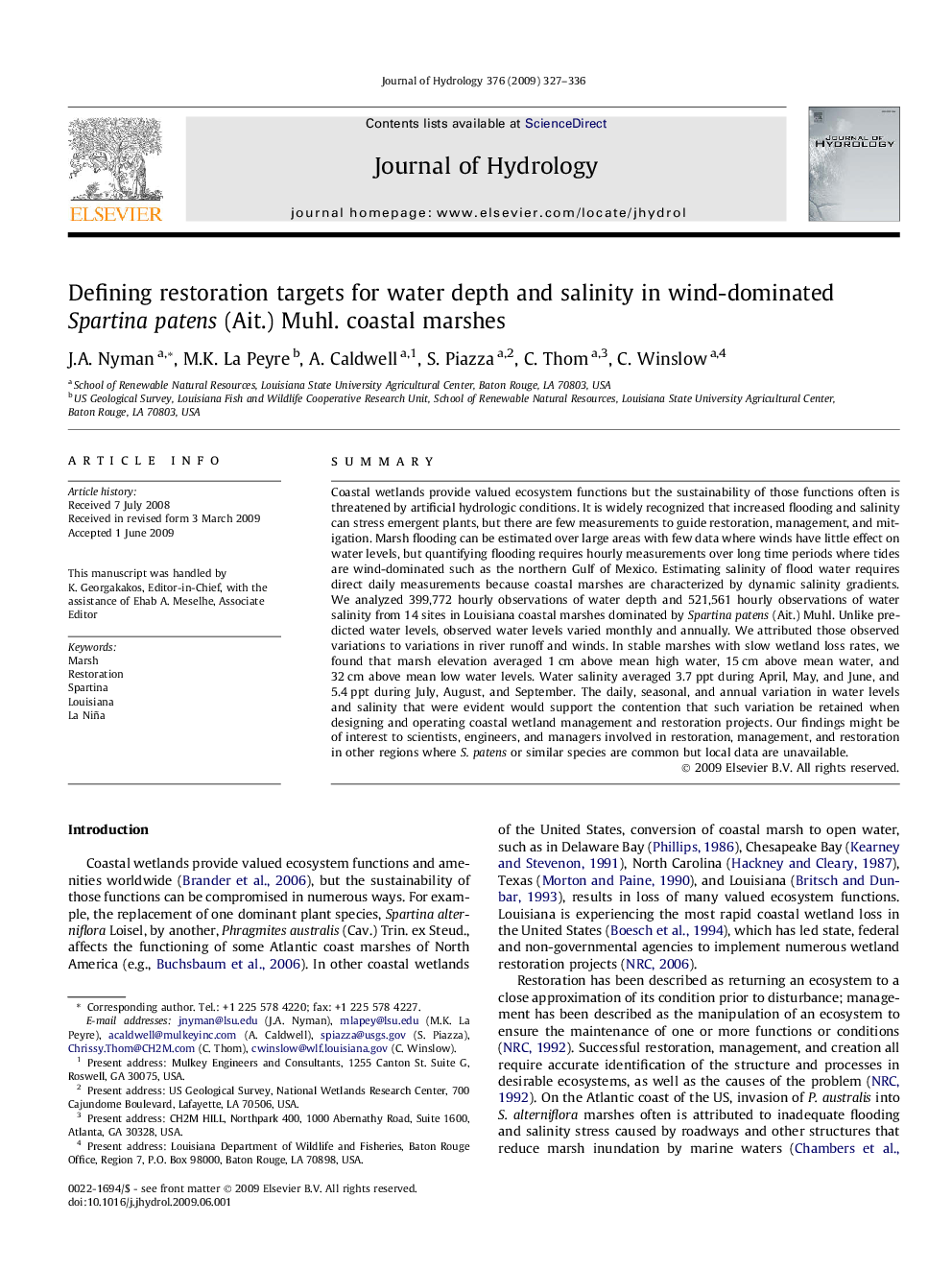 Defining restoration targets for water depth and salinity in wind-dominated Spartina patens (Ait.) Muhl. coastal marshes