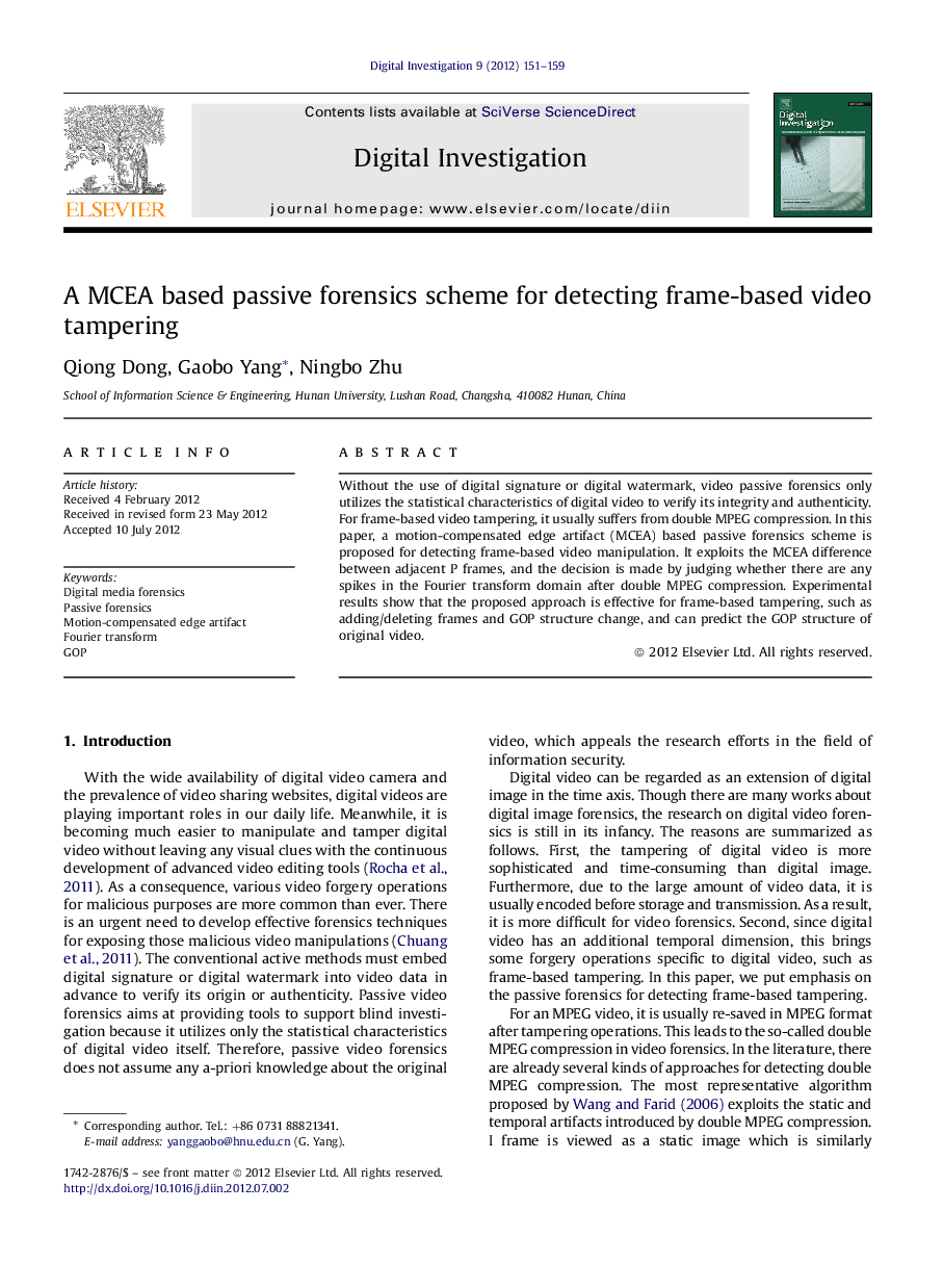 A MCEA based passive forensics scheme for detecting frame-based video tampering