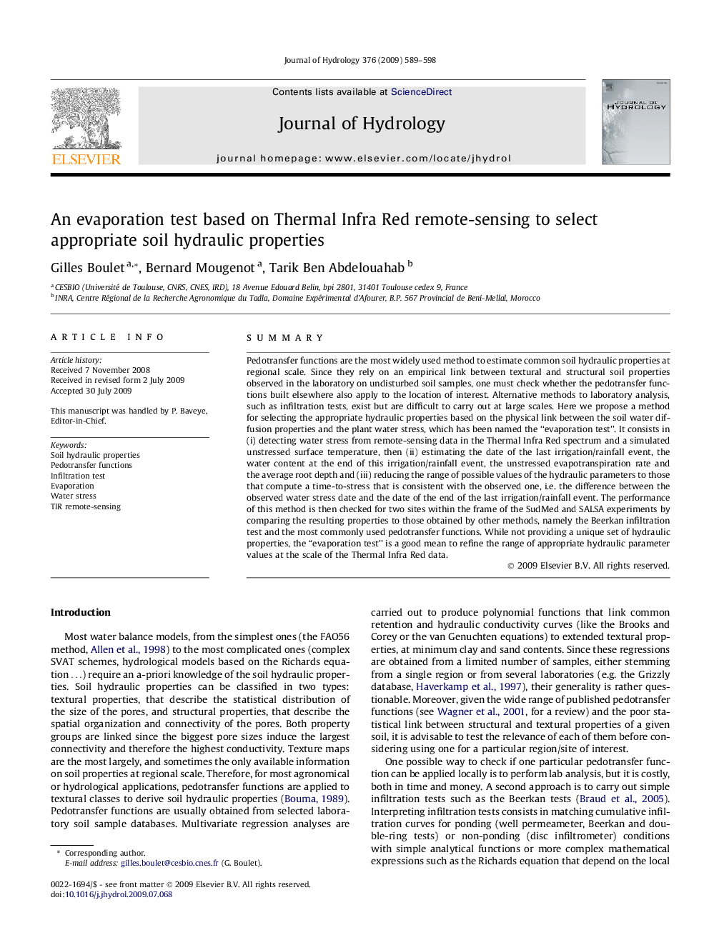 An evaporation test based on Thermal Infra Red remote-sensing to select appropriate soil hydraulic properties