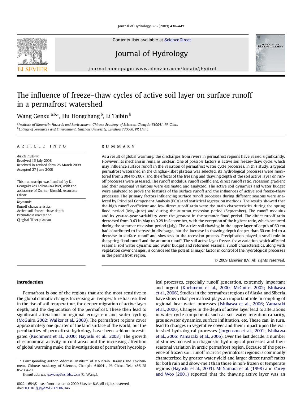 The influence of freeze–thaw cycles of active soil layer on surface runoff in a permafrost watershed