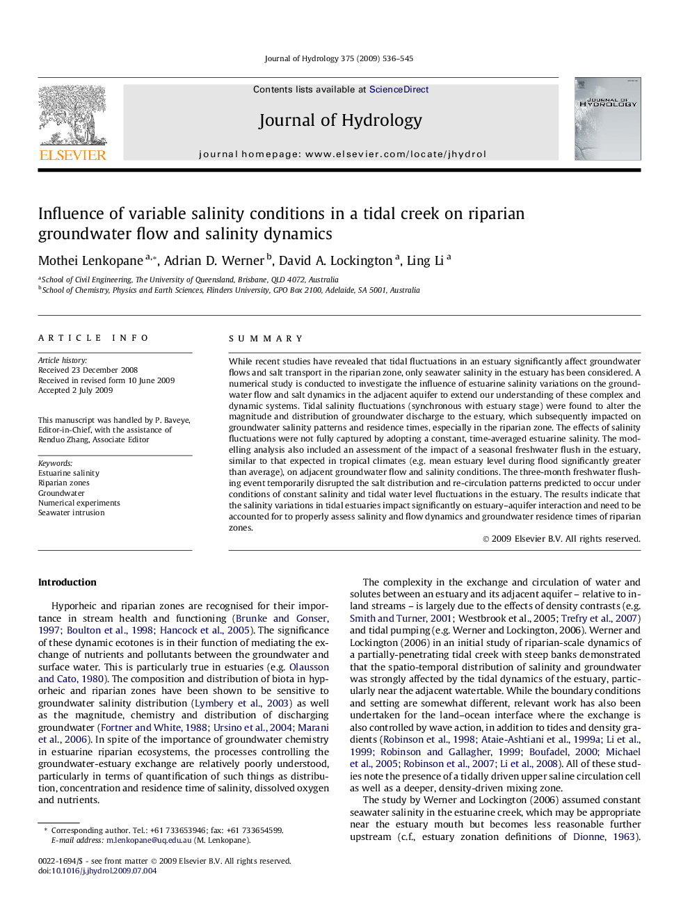 Influence of variable salinity conditions in a tidal creek on riparian groundwater flow and salinity dynamics