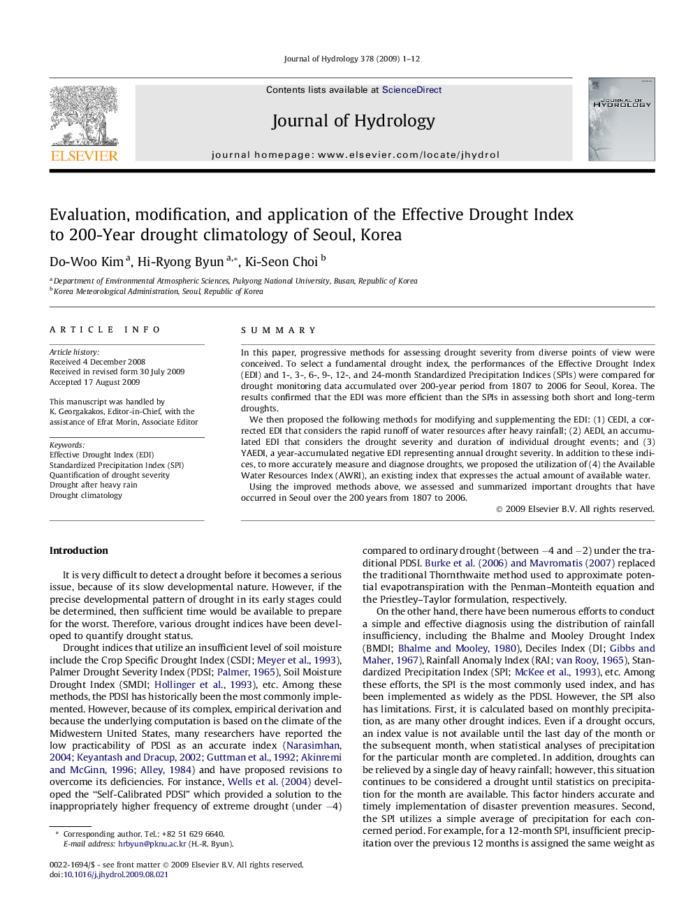 Evaluation, modification, and application of the Effective Drought Index to 200-Year drought climatology of Seoul, Korea