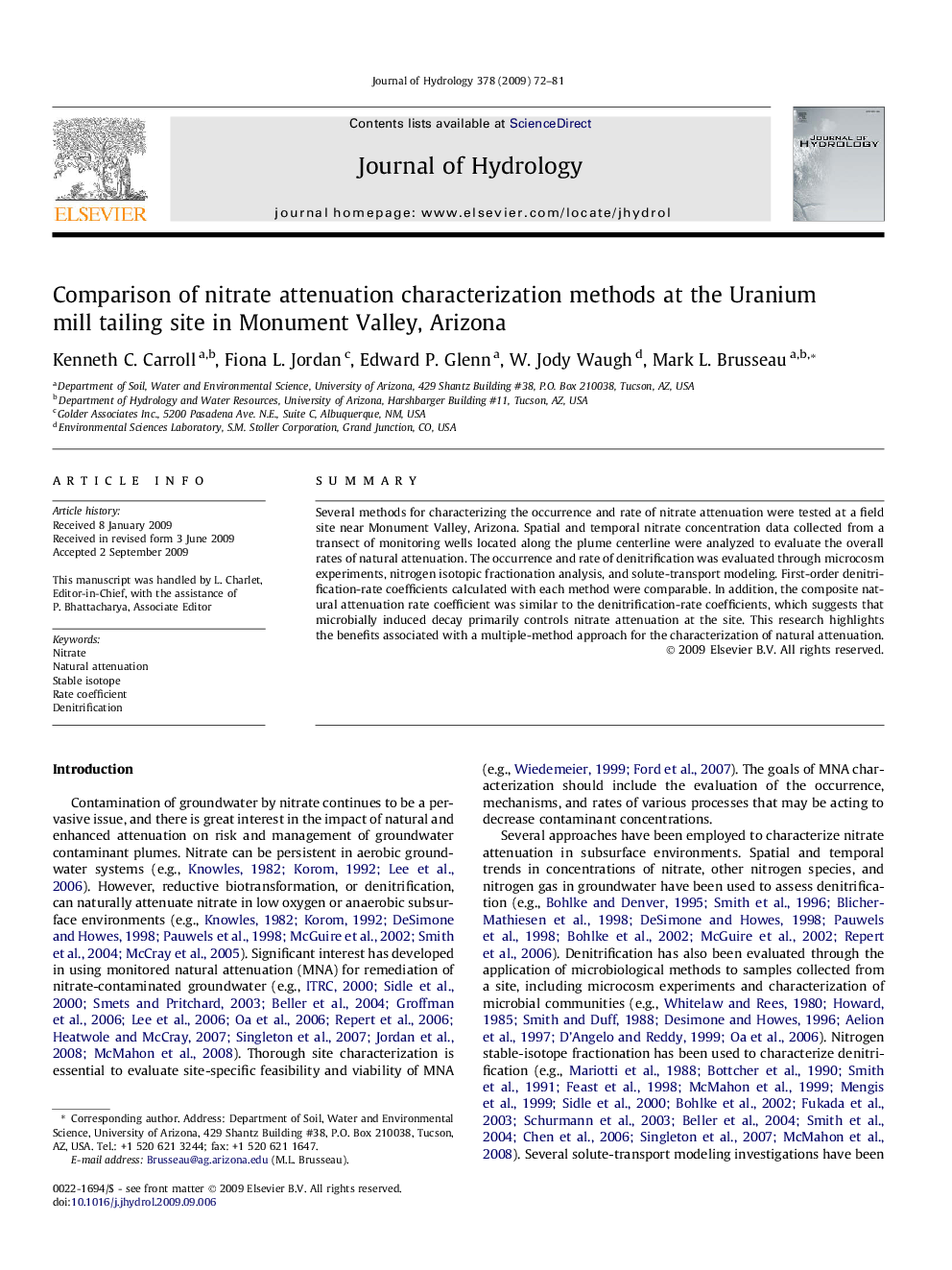 Comparison of nitrate attenuation characterization methods at the Uranium mill tailing site in Monument Valley, Arizona