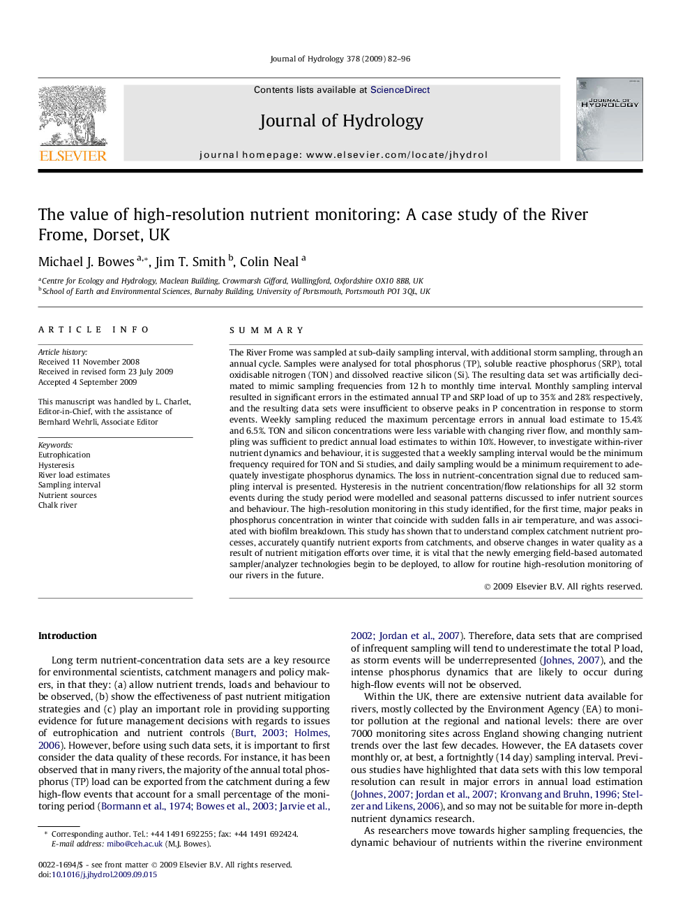 The value of high-resolution nutrient monitoring: A case study of the River Frome, Dorset, UK