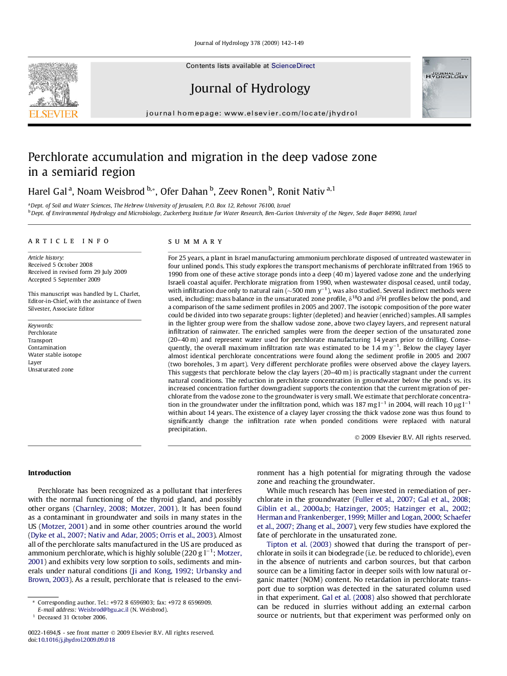 Perchlorate accumulation and migration in the deep vadose zone in a semiarid region