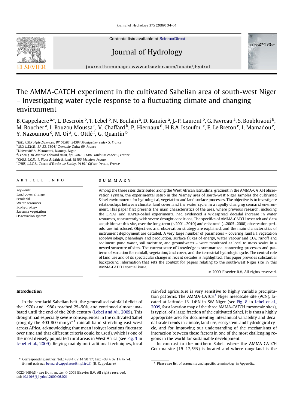 The AMMA-CATCH experiment in the cultivated Sahelian area of south-west Niger – Investigating water cycle response to a fluctuating climate and changing environment