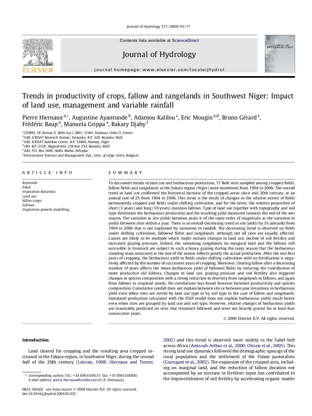 Trends in productivity of crops, fallow and rangelands in Southwest Niger: Impact of land use, management and variable rainfall