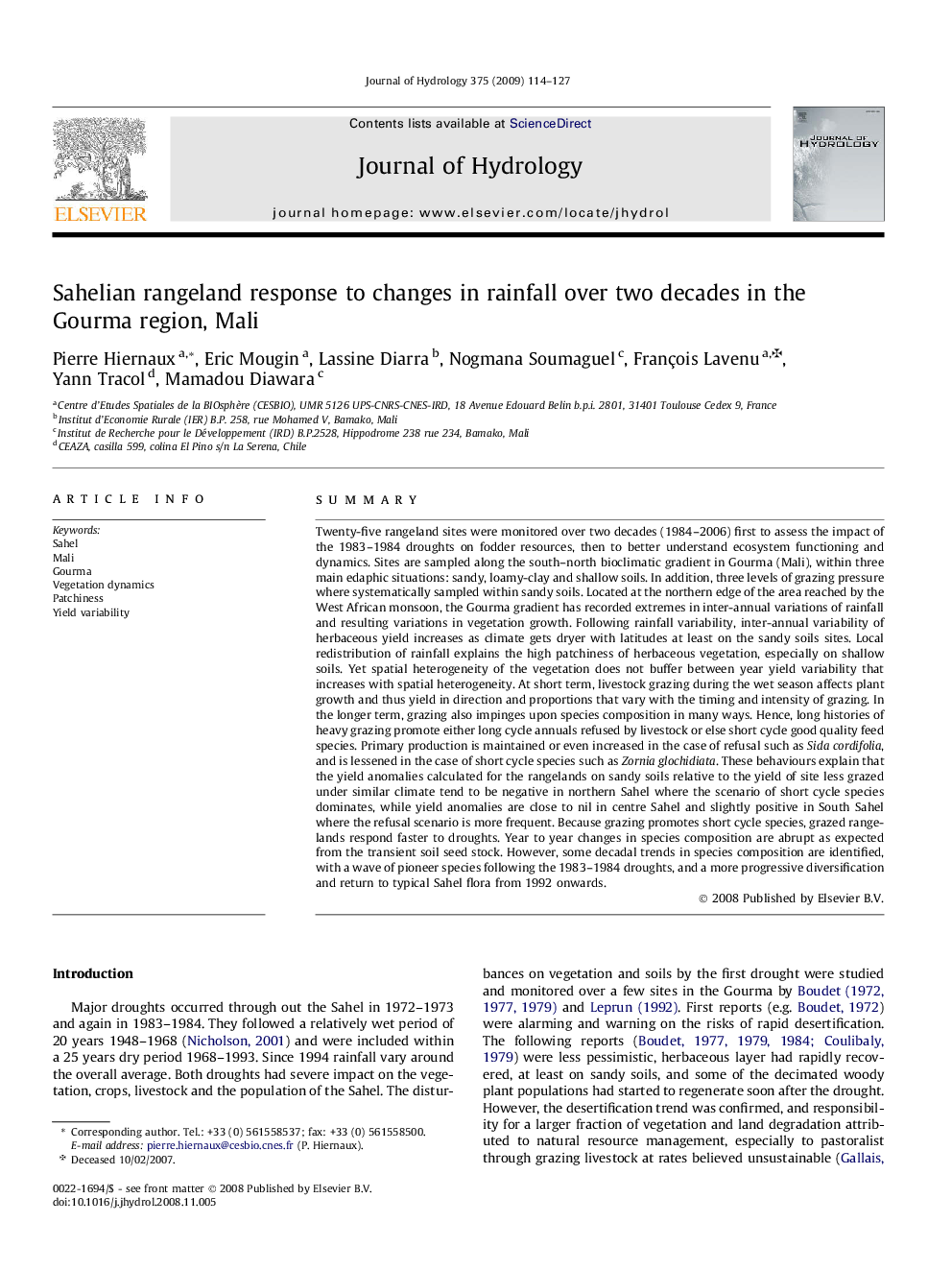 Sahelian rangeland response to changes in rainfall over two decades in the Gourma region, Mali