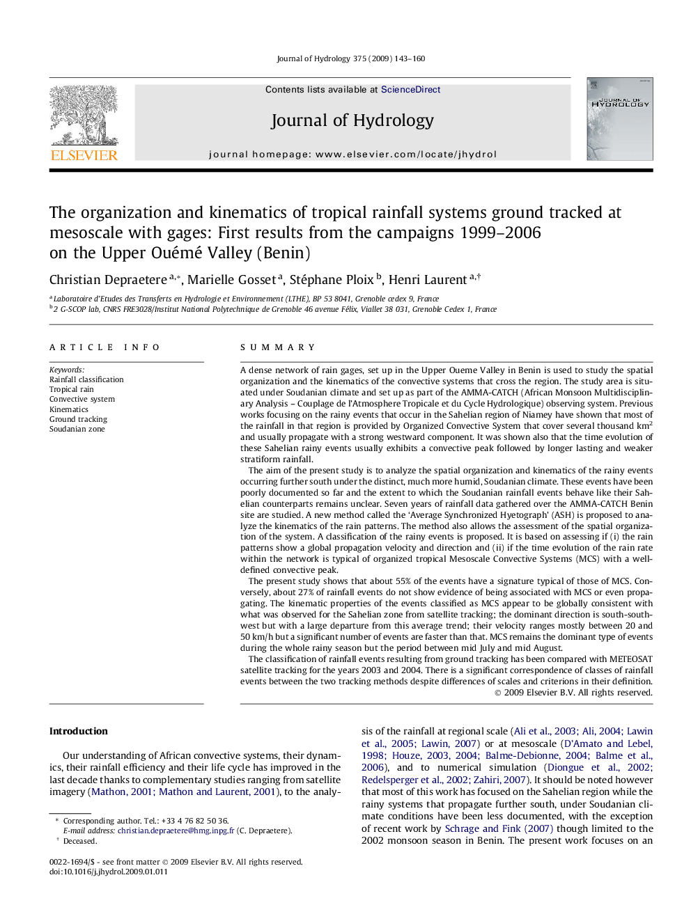 The organization and kinematics of tropical rainfall systems ground tracked at mesoscale with gages: First results from the campaigns 1999–2006 on the Upper Ouémé Valley (Benin)