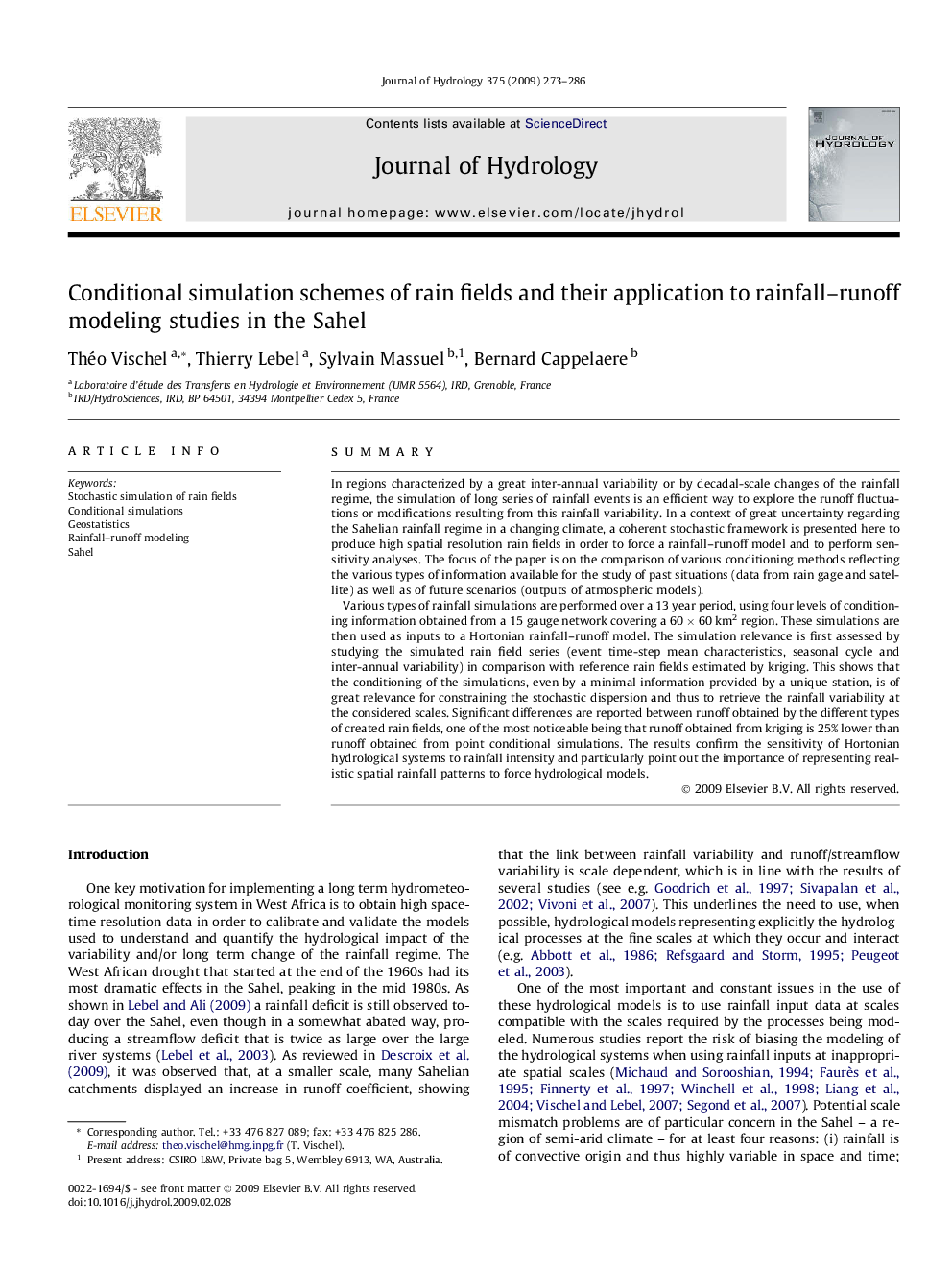 Conditional simulation schemes of rain fields and their application to rainfall–runoff modeling studies in the Sahel