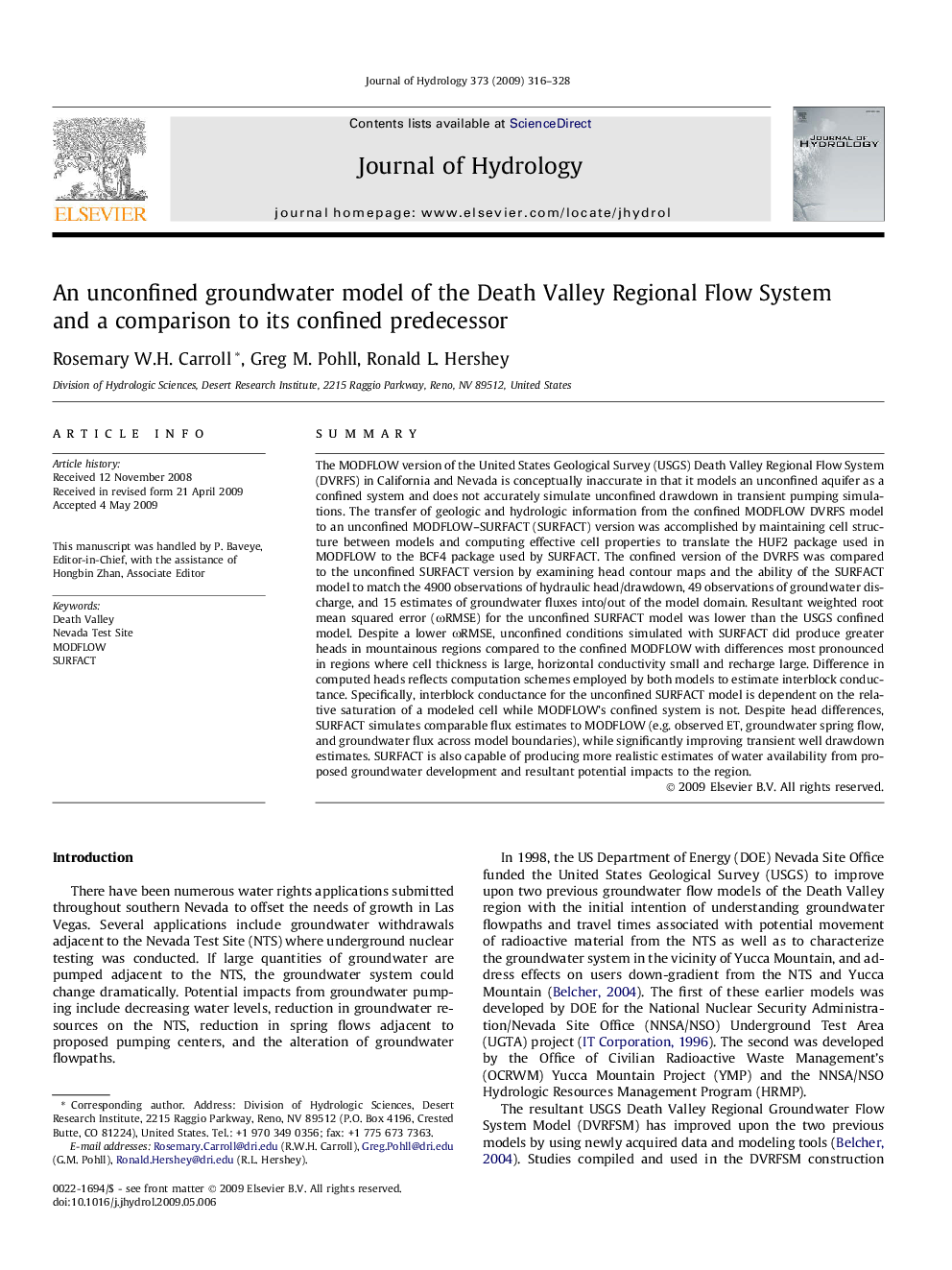 An unconfined groundwater model of the Death Valley Regional Flow System and a comparison to its confined predecessor