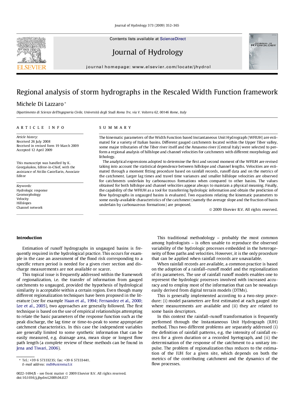 Regional analysis of storm hydrographs in the Rescaled Width Function framework