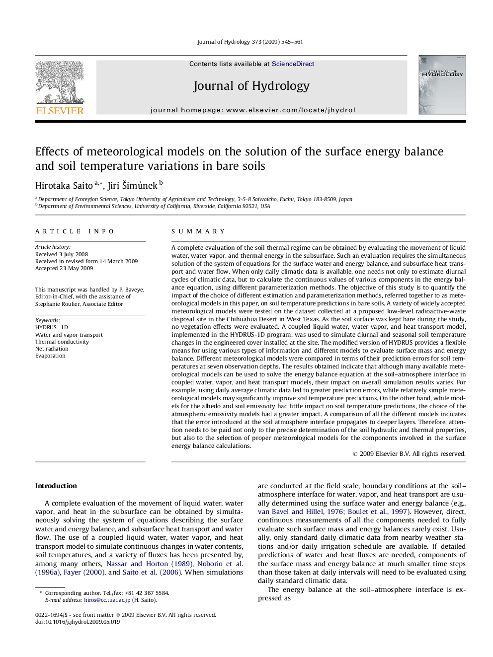 Effects of meteorological models on the solution of the surface energy balance and soil temperature variations in bare soils