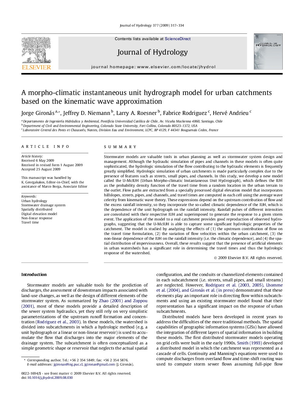 A morpho-climatic instantaneous unit hydrograph model for urban catchments based on the kinematic wave approximation