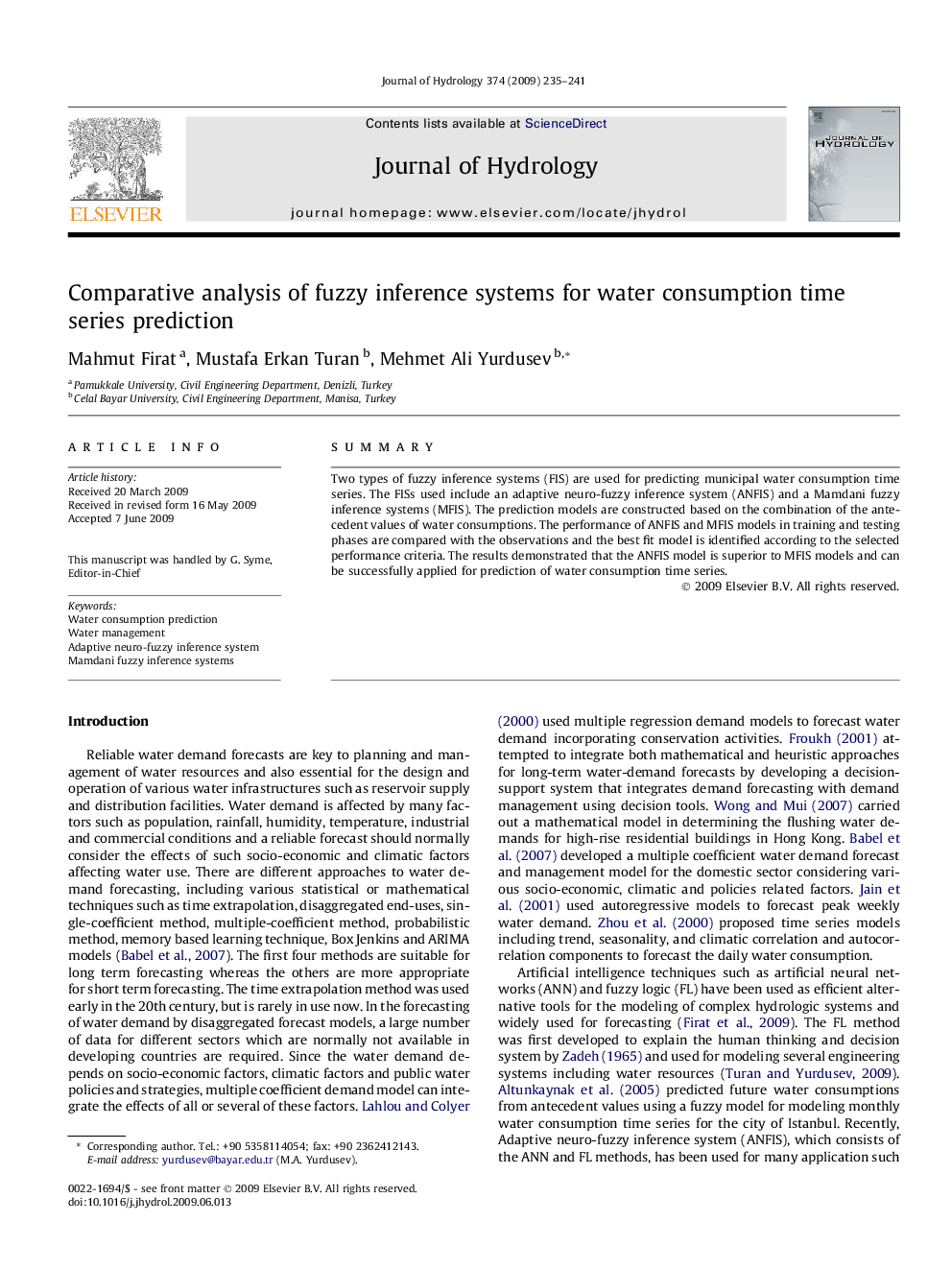 Comparative analysis of fuzzy inference systems for water consumption time series prediction