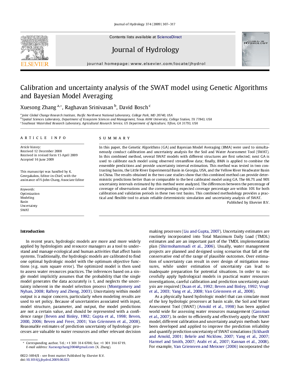 Calibration and uncertainty analysis of the SWAT model using Genetic Algorithms and Bayesian Model Averaging