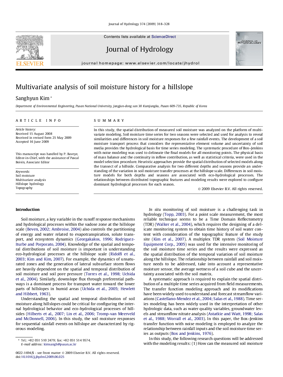 Multivariate analysis of soil moisture history for a hillslope