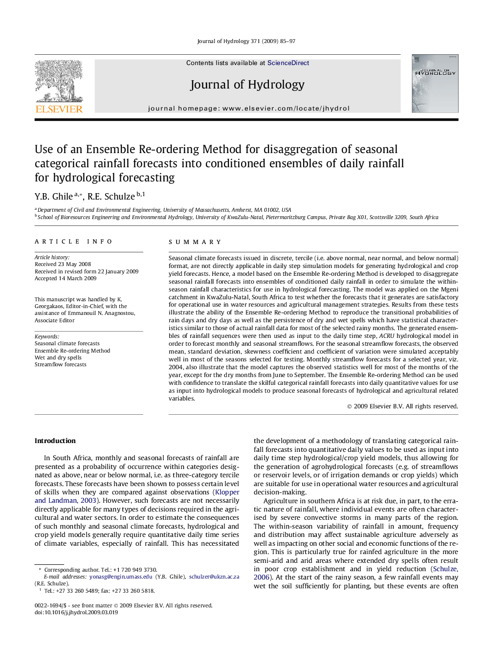 Use of an Ensemble Re-ordering Method for disaggregation of seasonal categorical rainfall forecasts into conditioned ensembles of daily rainfall for hydrological forecasting