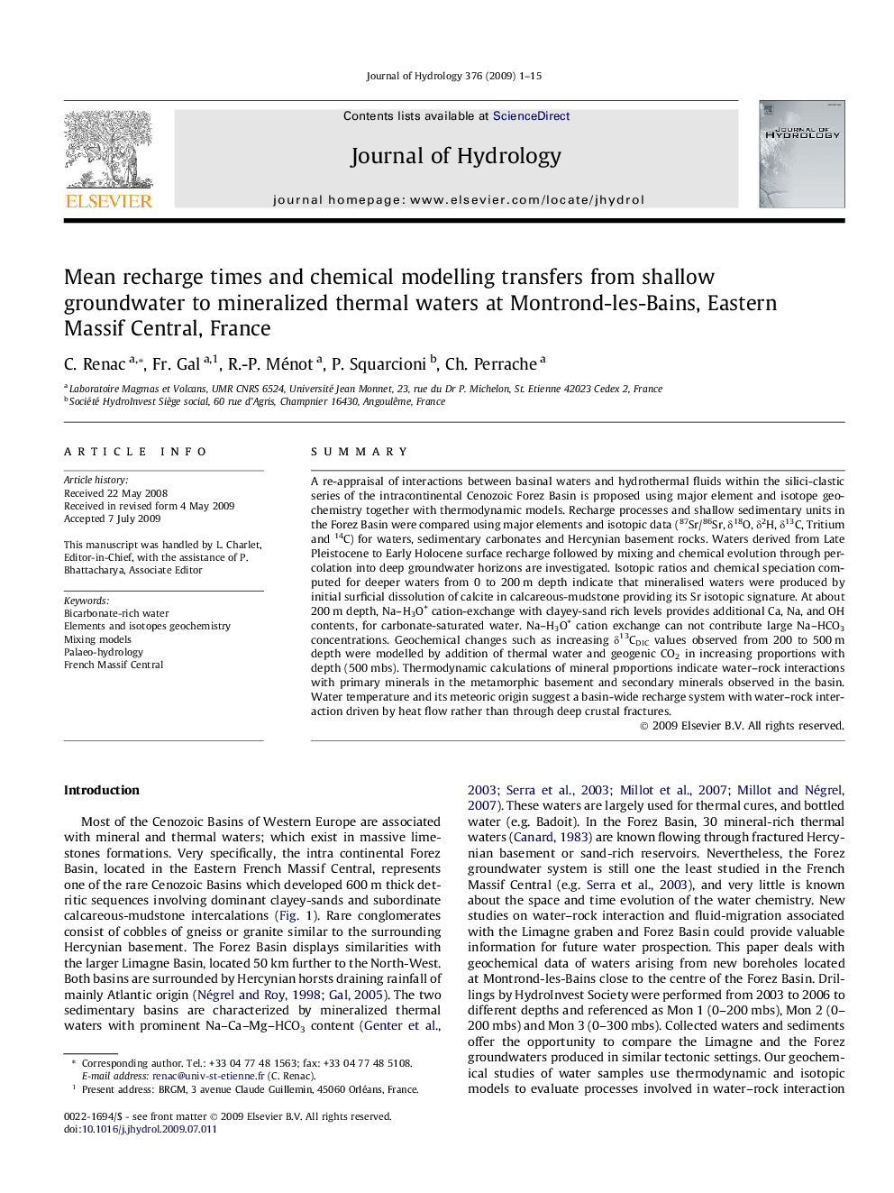 Mean recharge times and chemical modelling transfers from shallow groundwater to mineralized thermal waters at Montrond-les-Bains, Eastern Massif Central, France