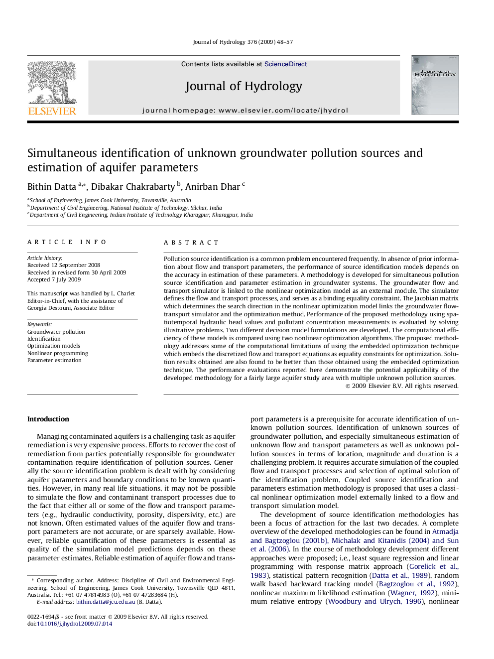 Simultaneous identification of unknown groundwater pollution sources and estimation of aquifer parameters