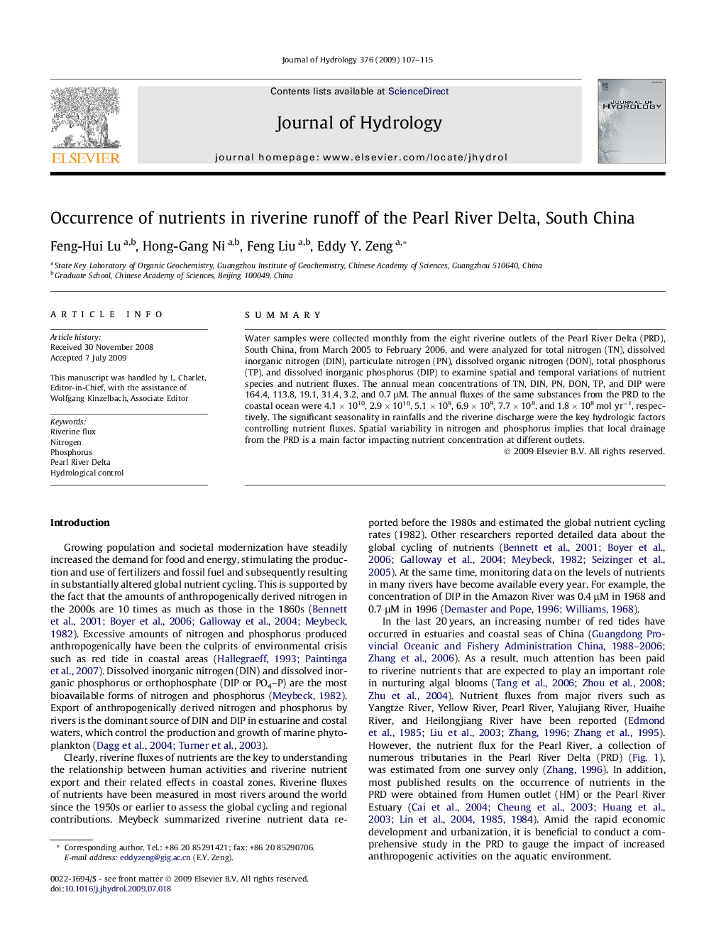 Occurrence of nutrients in riverine runoff of the Pearl River Delta, South China